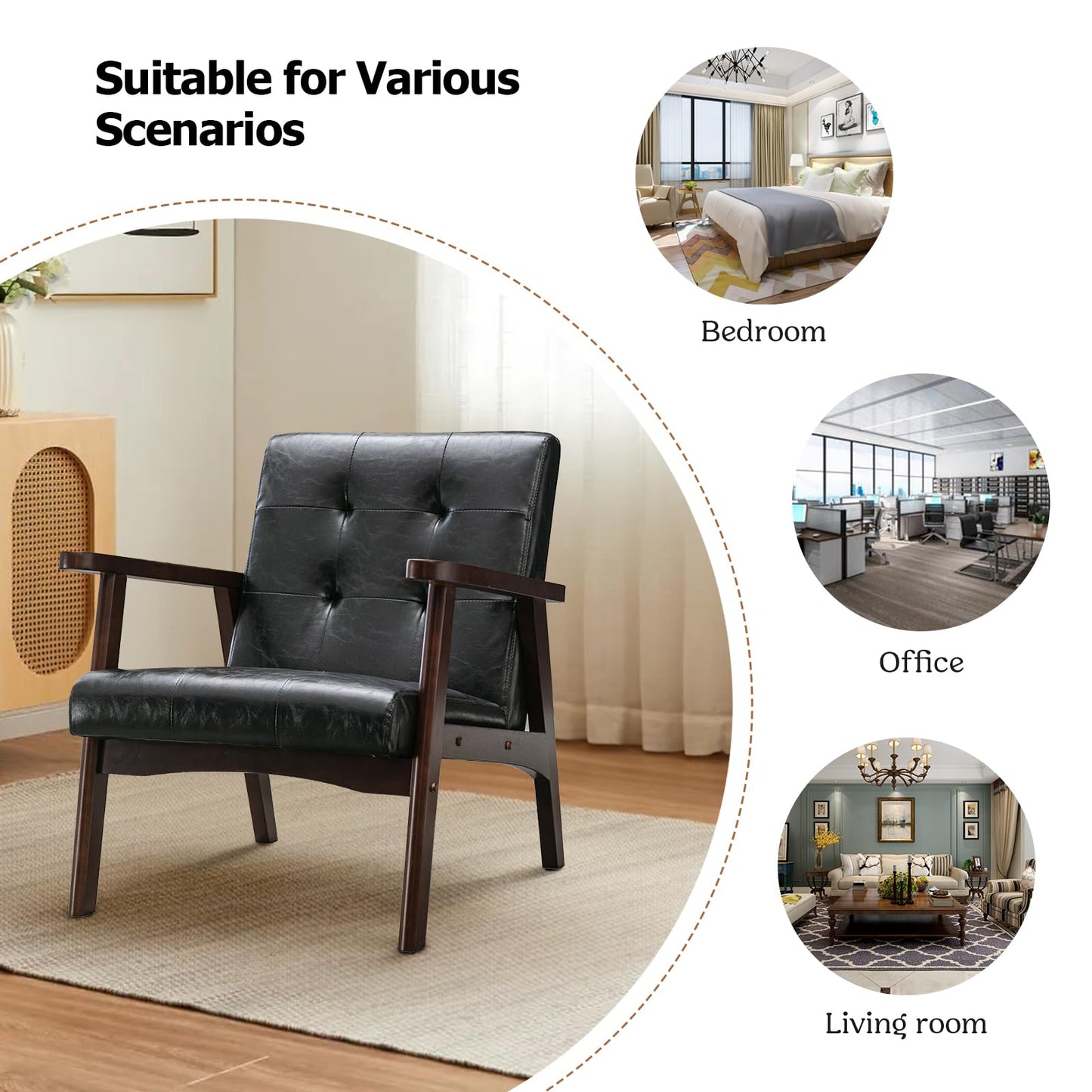 IOMOR Accent Chair Mid Century Modern Chair for Living Room, Comfy Faux Leather Armchair with Solid Wood Frame Soft Thick Padded, Side Chairs Easy Assembly (1, Brown)