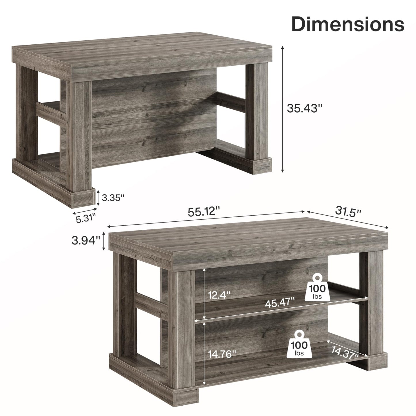 Tribesigns 55" Kitchen Island with Seating and Storage, 3-Tier Farmhouse Wood Stationary Island Table with Large Worktop & Leg Room, Coffee Bar Table with Storage Shelves for Kitchen, White and Brown