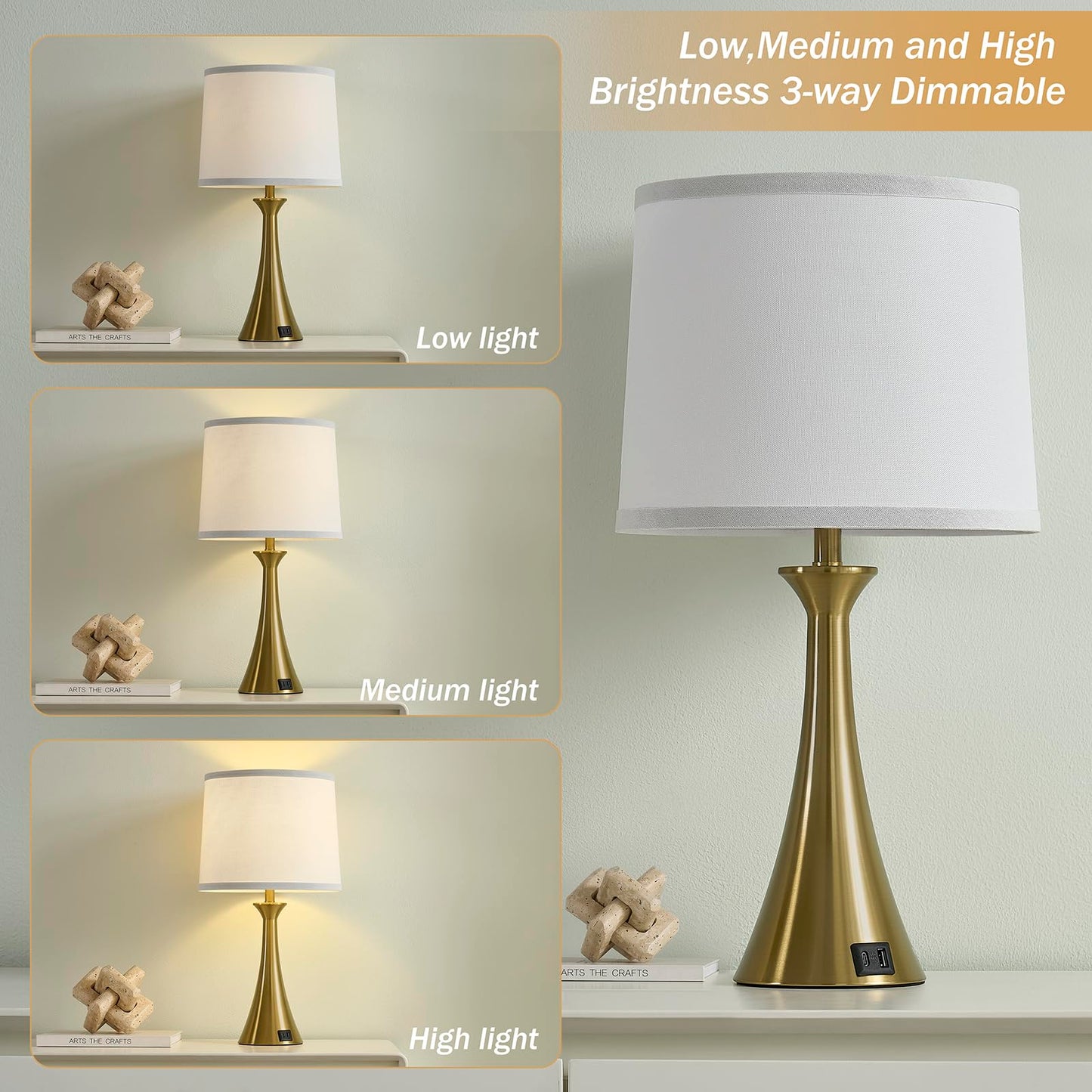 Touch Lamp for Living Room Bedroom, 21" Table Lamps Set of 2 with USB C+A Ports, Touch Bedside Lamps for Nightstand with 3 Way Dimmable, 2 LED Bulbs Included, Black