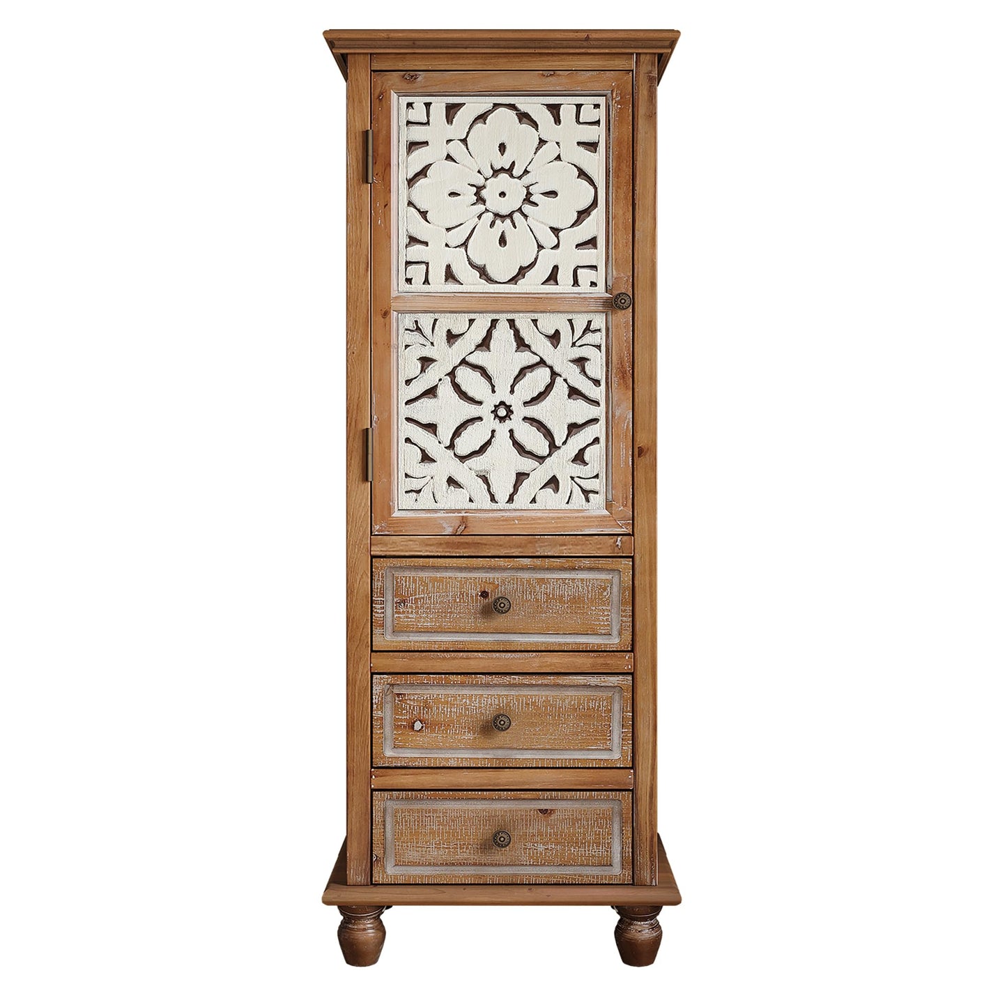 LKTART KTART 55'' Tall Kitchen Pantry Cupboard Storage Cabinet with Shelves & Drawer,French Country Accent Cabinet with Embossed Floral Metal Doors and Solid Wood Frame,Natural Wood