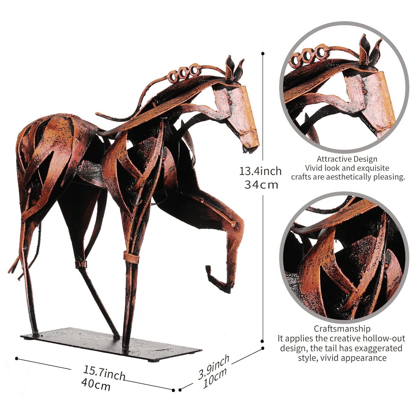 SunBlogs Art Metal Horse Statue Decor, Handmade Strong Modern Horse Sculpture Handicraft, Rustic Metal Statue Decorations Gift for Home Office Desk Figurine (Brown)