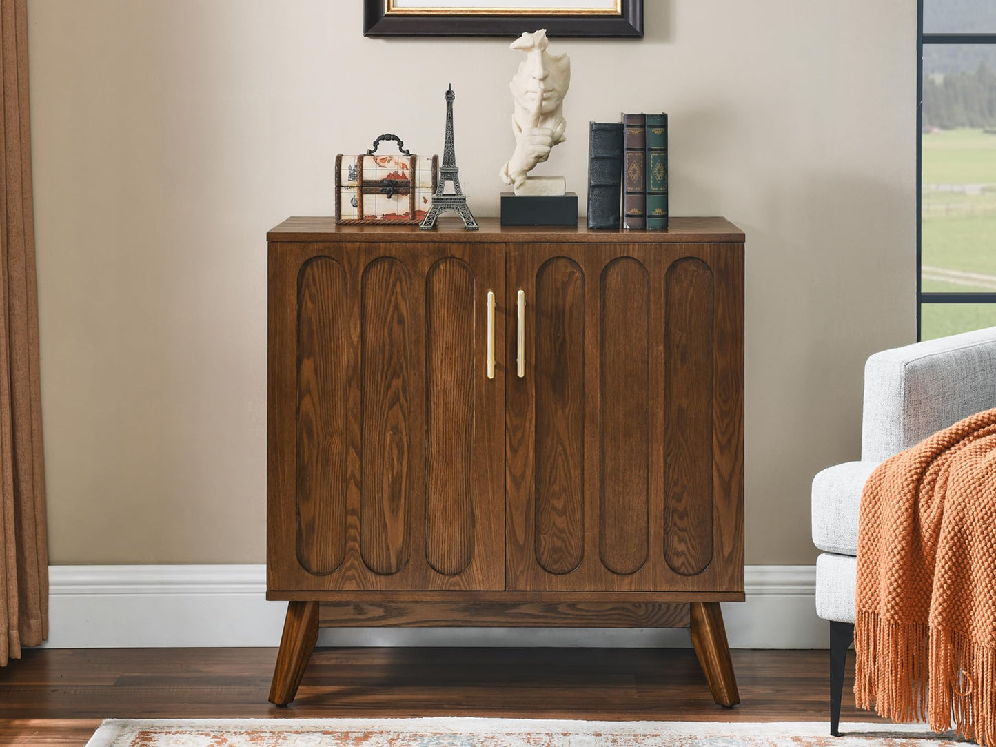 LKTART Mid Century Modern Storage Cabinet with Rattan Sliding Doors and Open Shelves, Boho Style Wooden Sideboard Buffet for Living Room,Dark Walnut