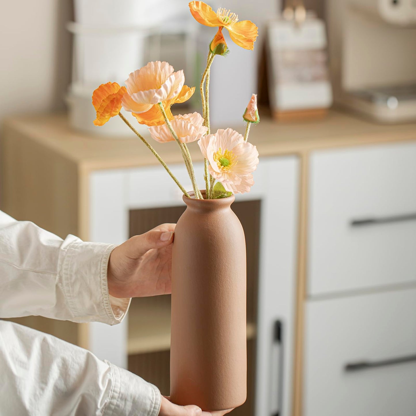 Ceramic Vase Set-3, Small Flower Vases for Decor, Modern Boho Farmhouse Style, Decorative Vases for Pampas Grass & Dried Flowers, Distressed Finish (Beige)