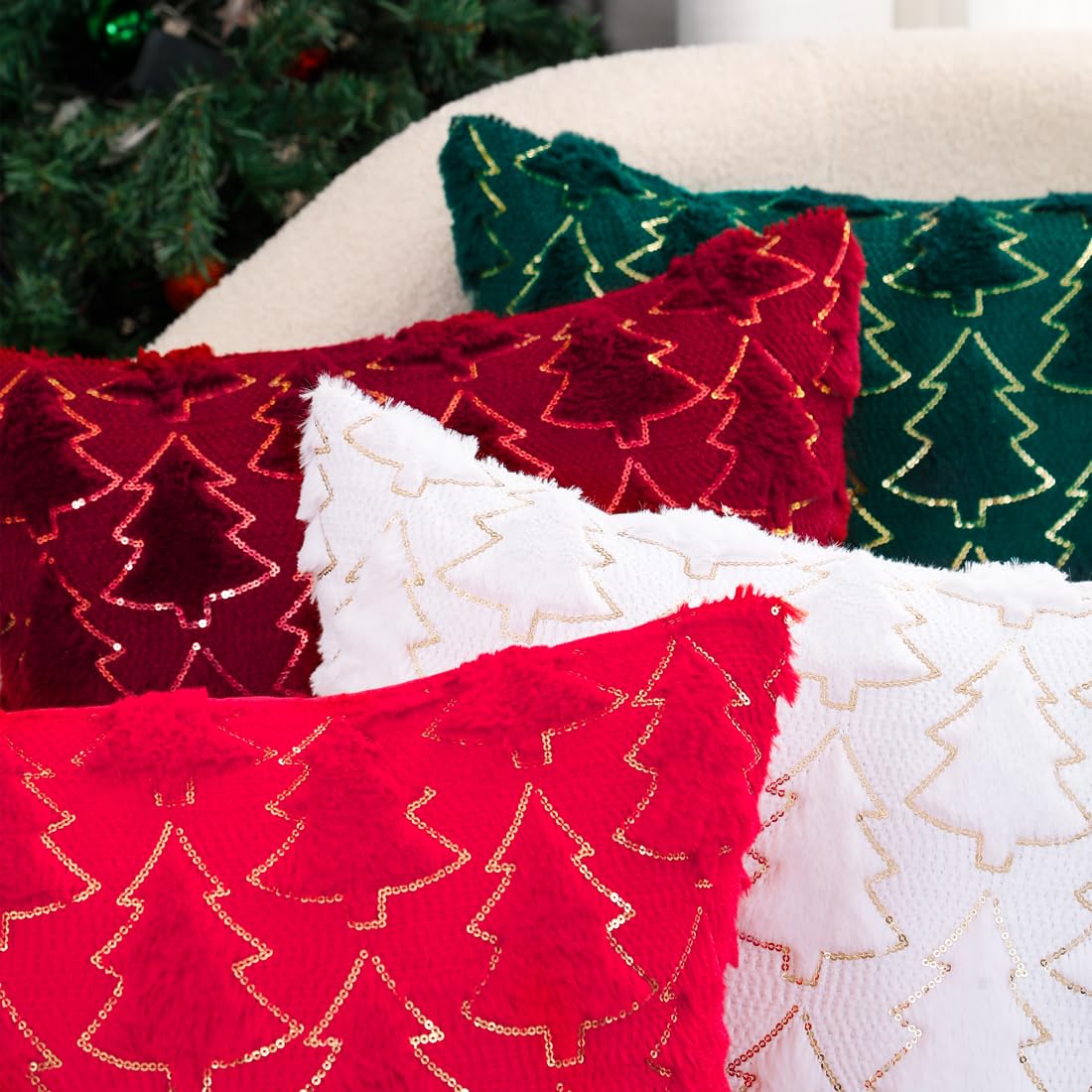 VAKADO Christmas Throw Pillow Covers 18x18 Set of 2 Embroidered Decorative Xmas Couch Cushion Cases Holiday Soft Home Decor for Bedroom Sofa Chair Porch Winter, Cream