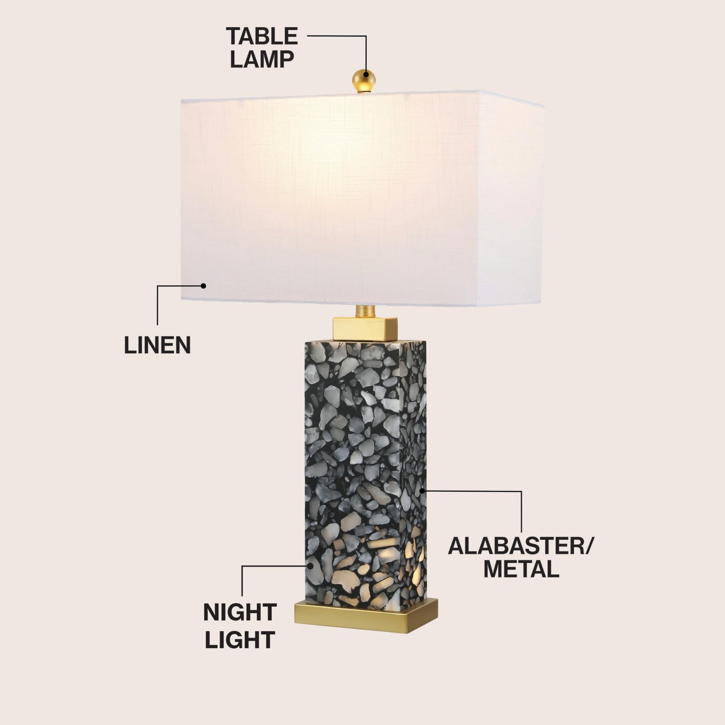 JONATHAN Y 24.25" Black/White Modern Alabaster LED Table Lamp for Home Decor, White Linen Shade, Coastal Nightstand Lamp with Built-in Base Accent Light (JYL8507A)