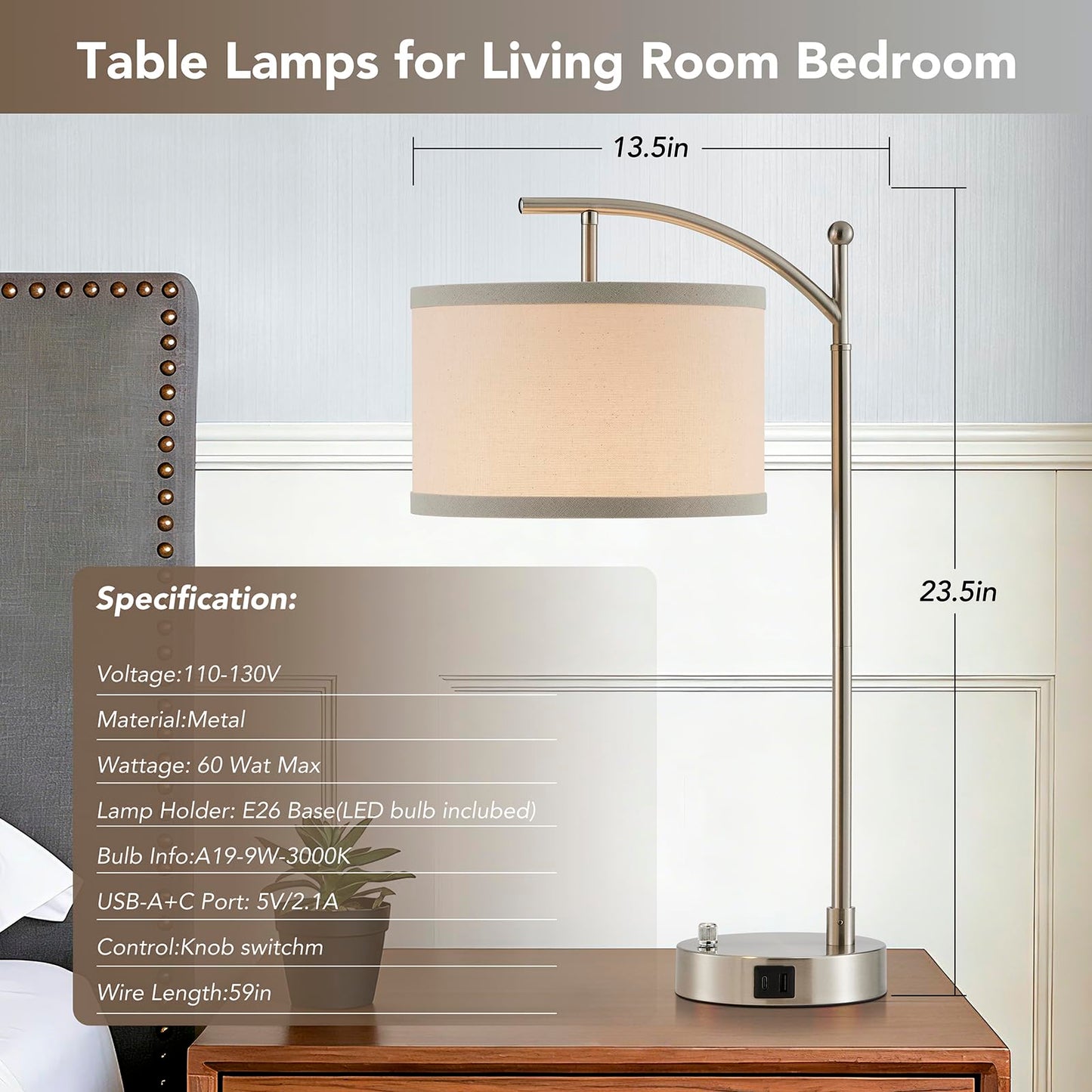 Table Lamp for Living Room Bedroom, 23.5" Table Lamps Set of 2 with USB C+A Ports, Bedside Lamps for Nightstand with Linen Lamp Shades, 2 Dimmable LED Bulbs Included, Black