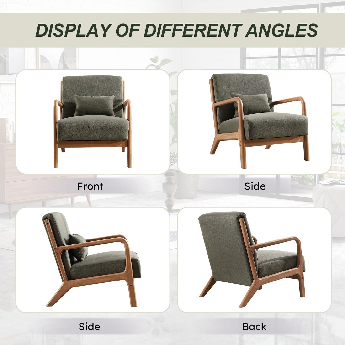 IOMOR Accent Chair Mid Century Modern Chair Linen Fabric Living Room Chairs with Solid Wood Frame Comfy Upholstered and Lumbar Pillow Reading Side Chair Easy Assembly for Bedroom Room (1, Linen Green)