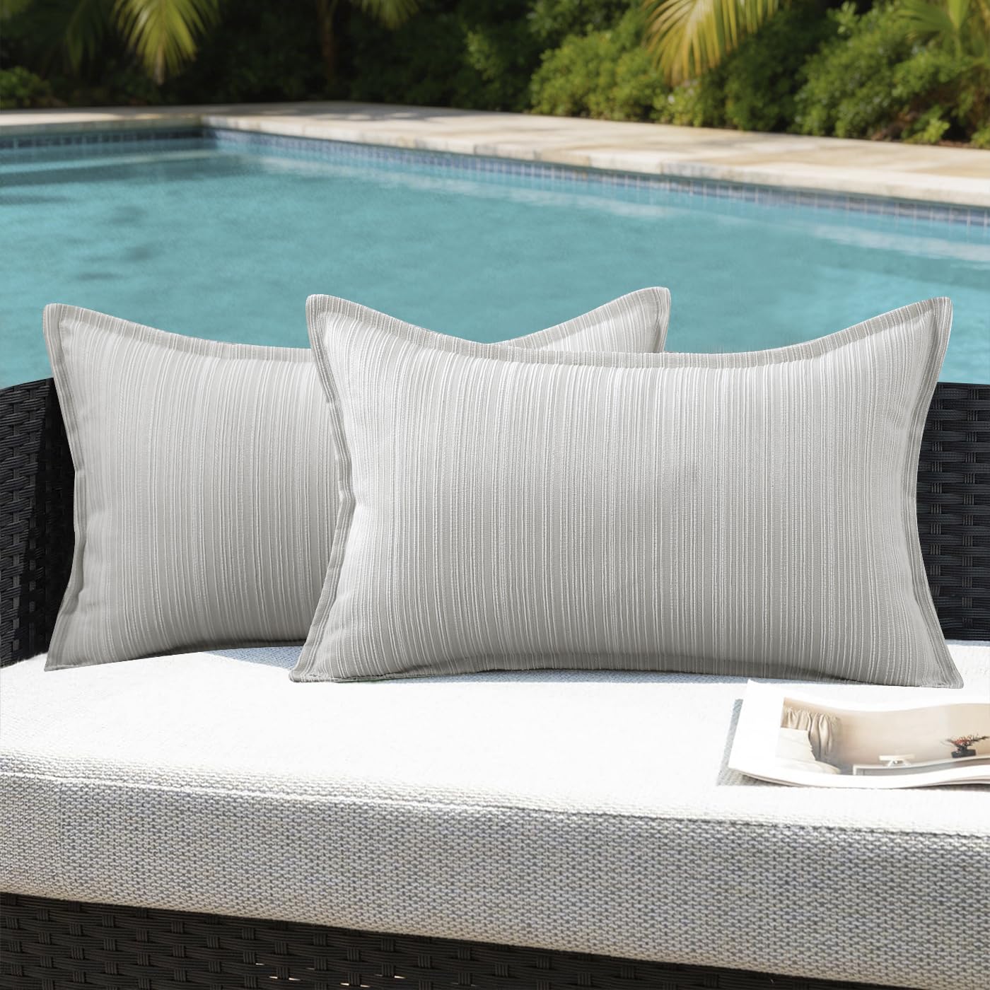 VAKADO Outdoor Waterproof Throw Pillow Covers 18x18 Set of 2,Chenille UV Decorative with Hem Patio Furniture Cushion Cases Decor for Bench Garden Tent Chair Seat Porch Couch,Stripe Beige