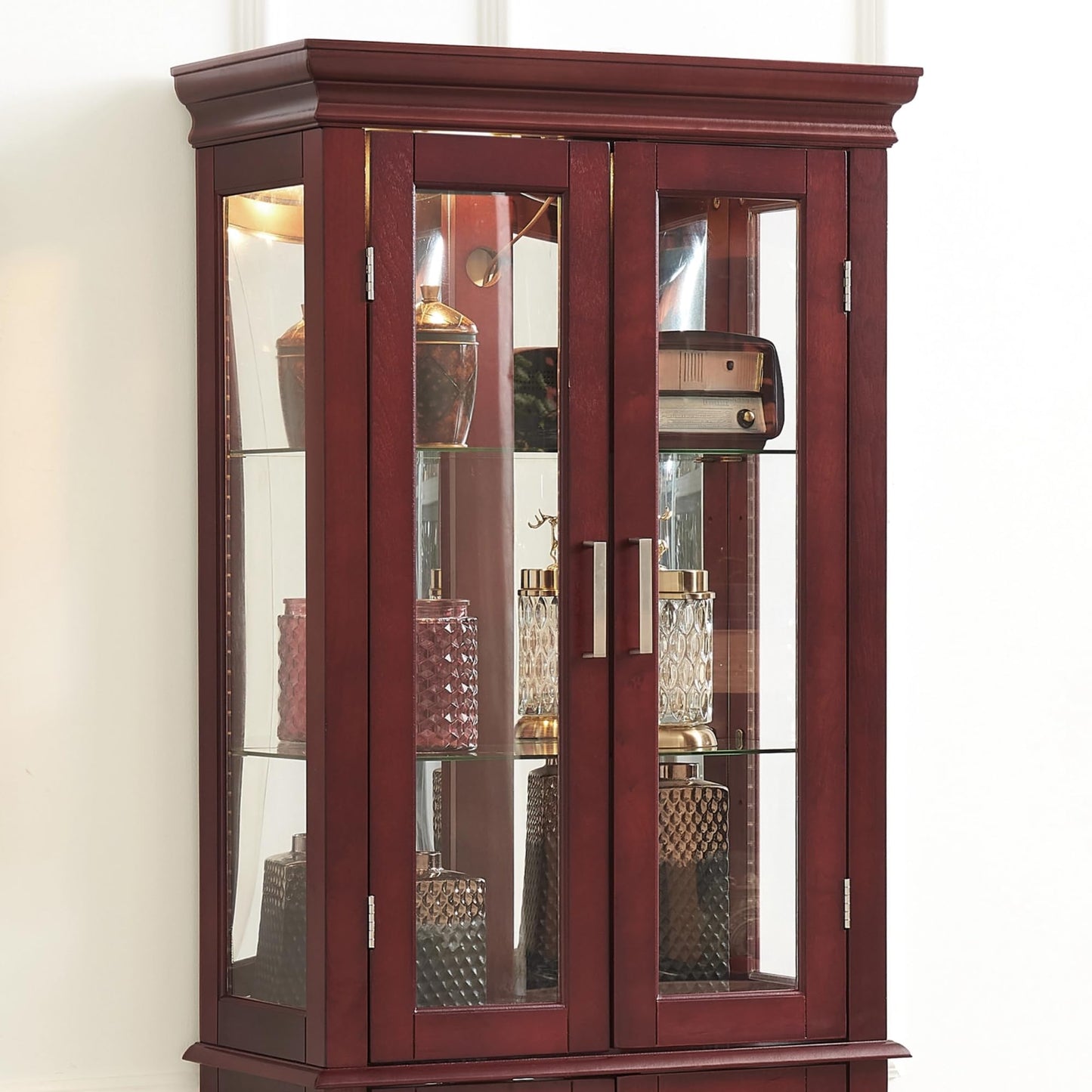 LKTART Curio Glass Display Cabinet with Lighted and Mirrored Back Panel,China Cabinets with Glass Doors,Tall Storage Cabinets with Adjustable Shelves for Curio Collectibles Storage(Cherry)