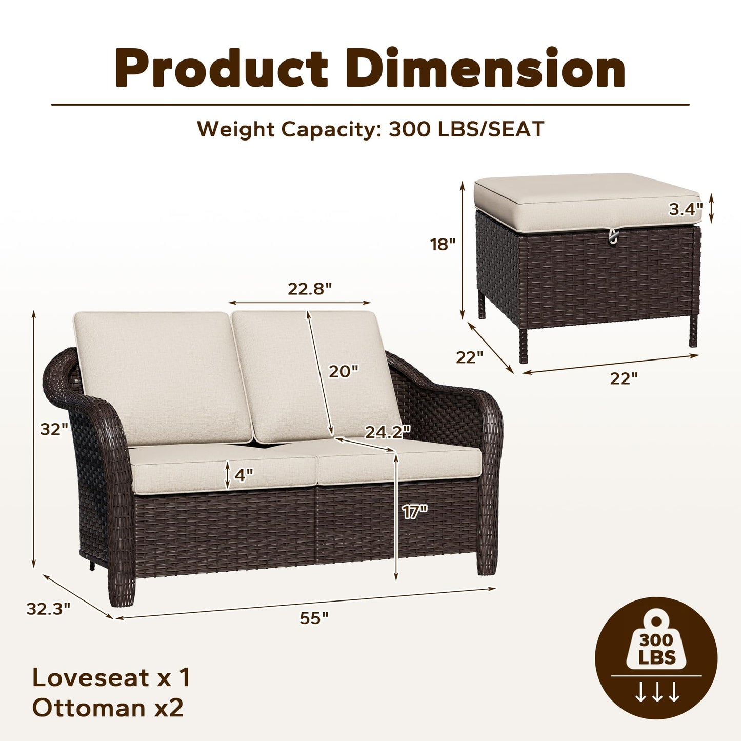 55 inch Outdoor Wicker 2 Seater Sofa, All-Weather Use Patio Rattan Loveseat with Seat and Back Cushion, Ideal for Porch, Backyard, Balcony, Poolside, Blue