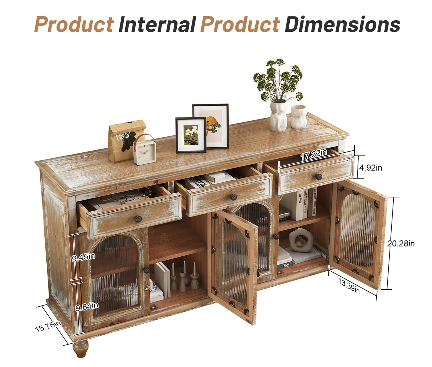 LKTART 60" Farmhouse Sideboard Buffet,Solid Fir Wood Frame with Hollowed-Out Carved Doors,Hand-Distressed Design,Versatile Storage Cabinet for Kitchen, Living Room,Natural Wood