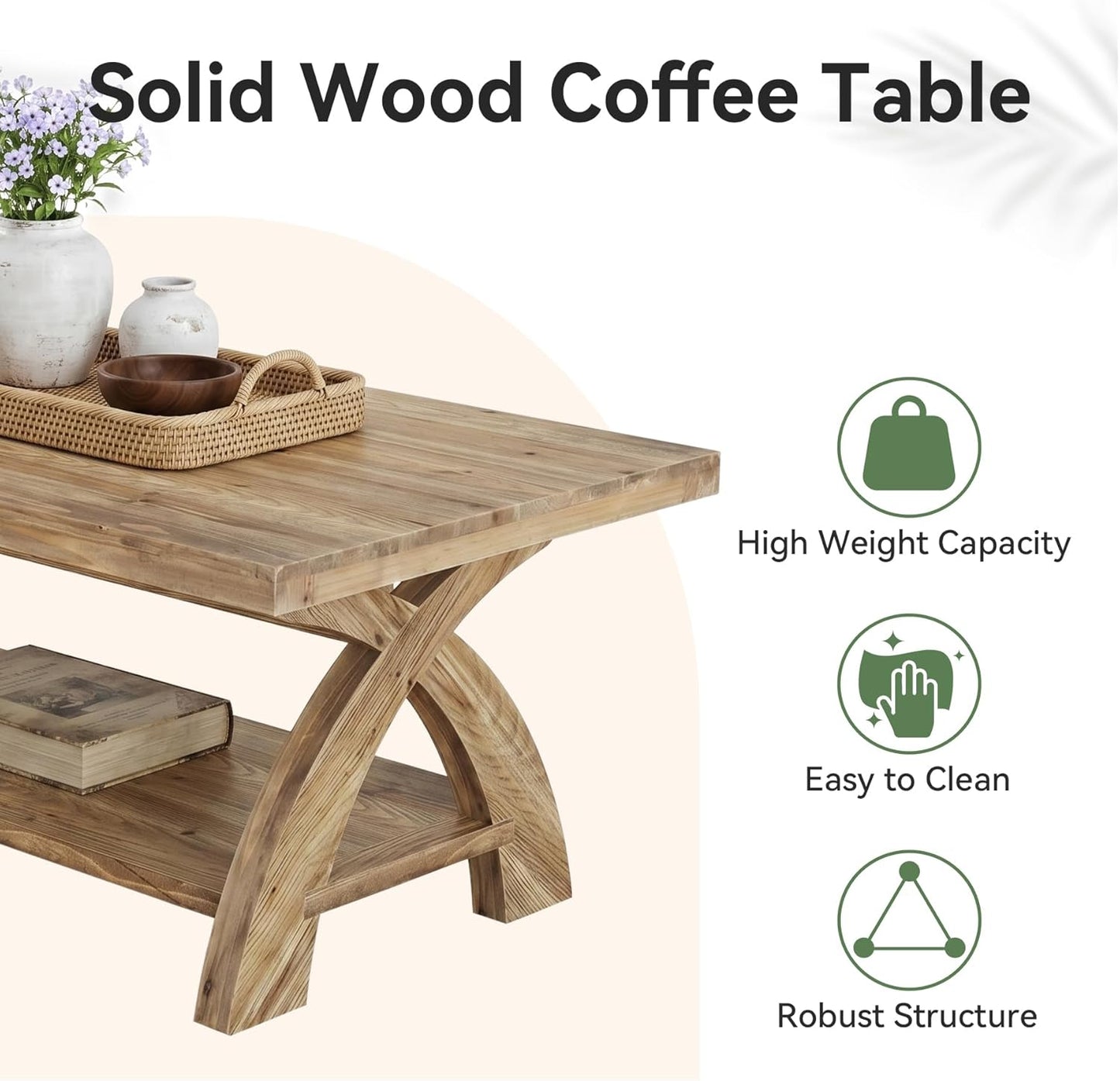 Solid Wood Coffee Table with Storage Shelf, Farmhouse Rectangular Center Table with X-Shaped Legs, Industrial Accent Cocktail Tables for Living Room