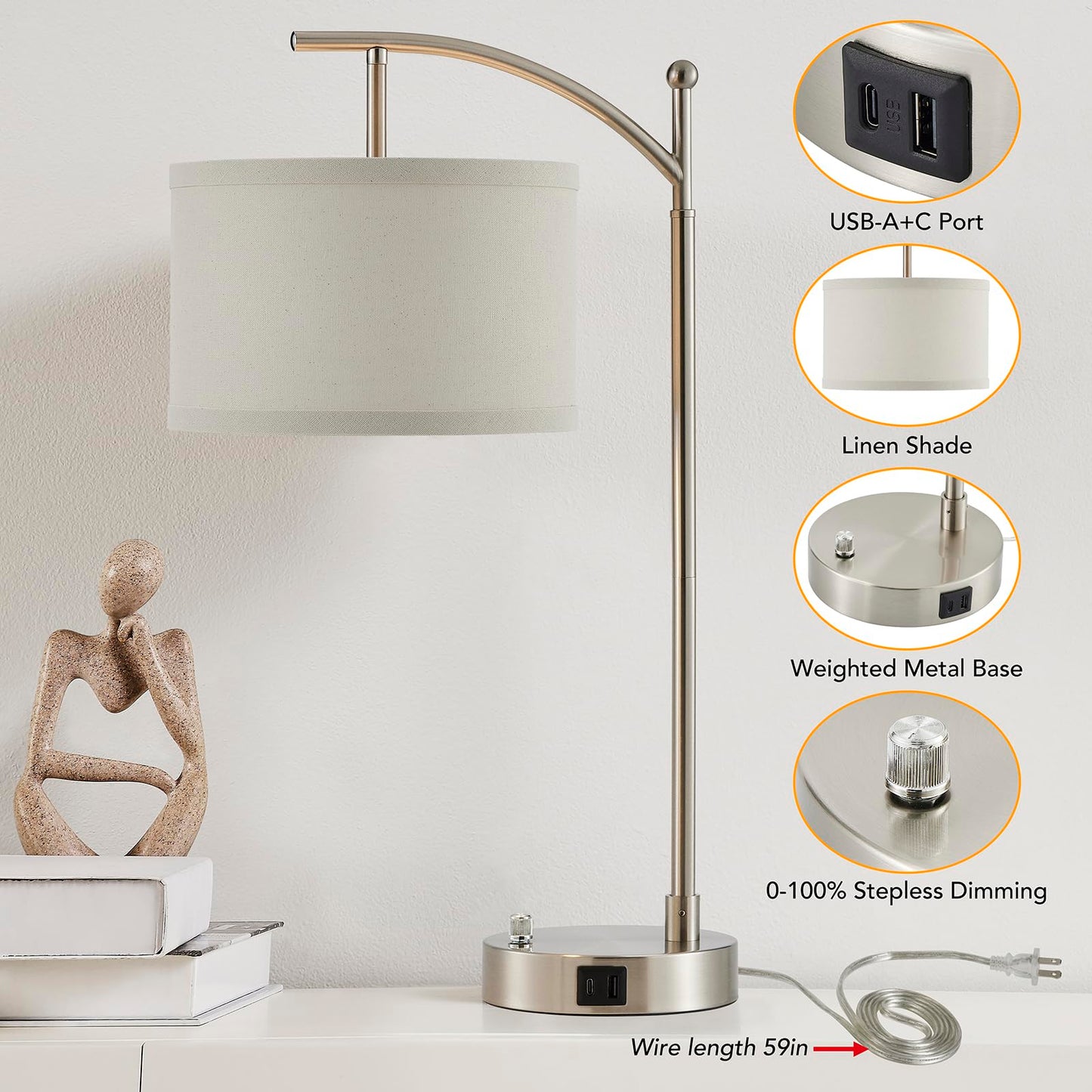 Table Lamp for Living Room Bedroom, 23.5" Table Lamps Set of 2 with USB C+A Ports, Bedside Lamps for Nightstand with Linen Lamp Shades, 2 Dimmable LED Bulbs Included, Black