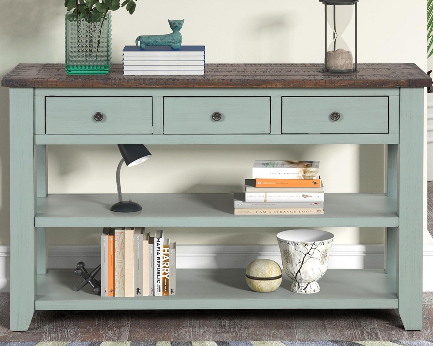 LKTART Solid Wood Console Table, Sofa Table with Storage Drawers and Bottom Shelf, Entryway Table for Entry Hallway Foyer,Easy Assembled (48.8" Green)