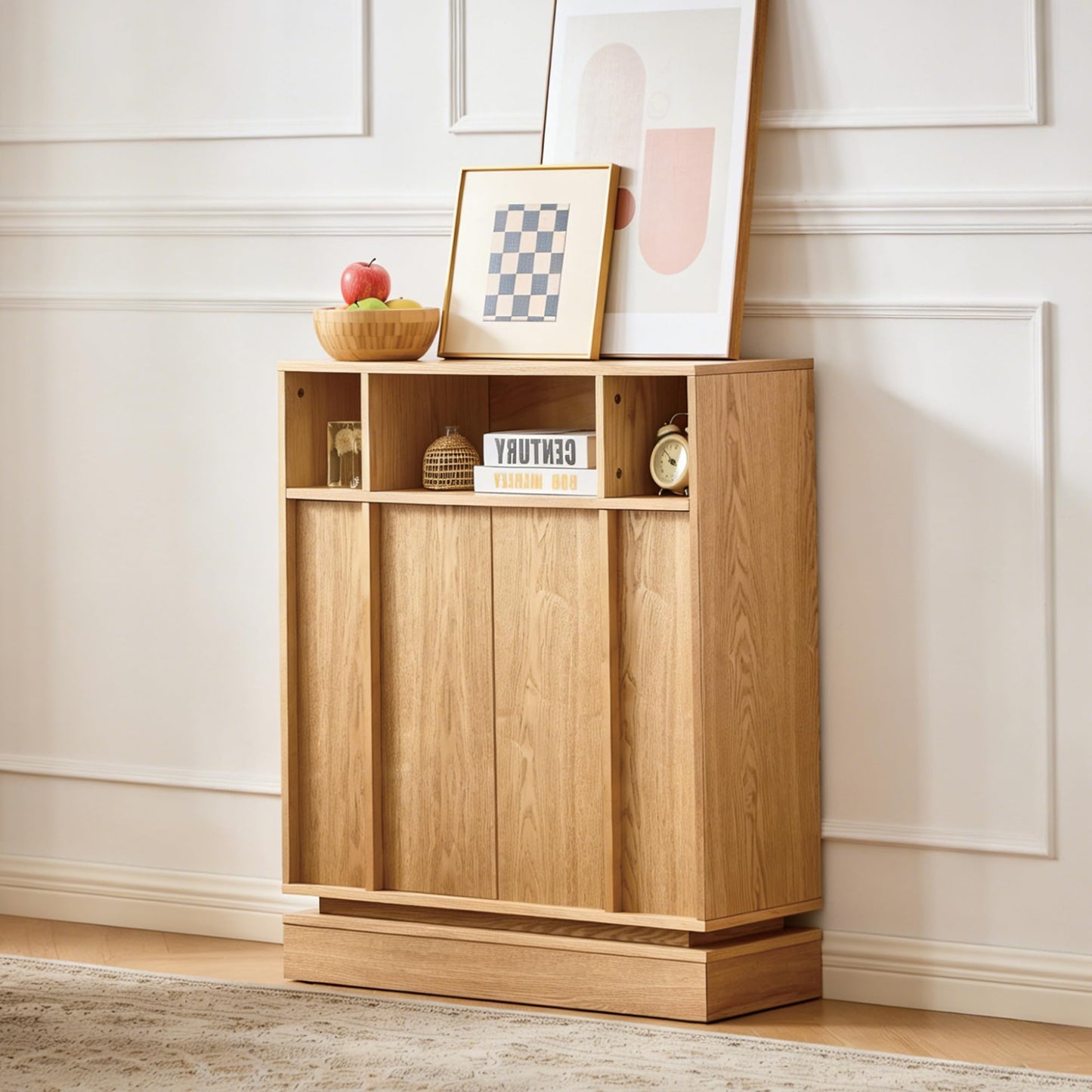 LKTART 63" Rattan Sideboard Buffet Cabinet,Kitchen Storage Cabinet,Wood Coffee Bars with 4 Doors & Open Storage Shelves,Mid Century Modern Credenza Console Table for Living Room,Walnut