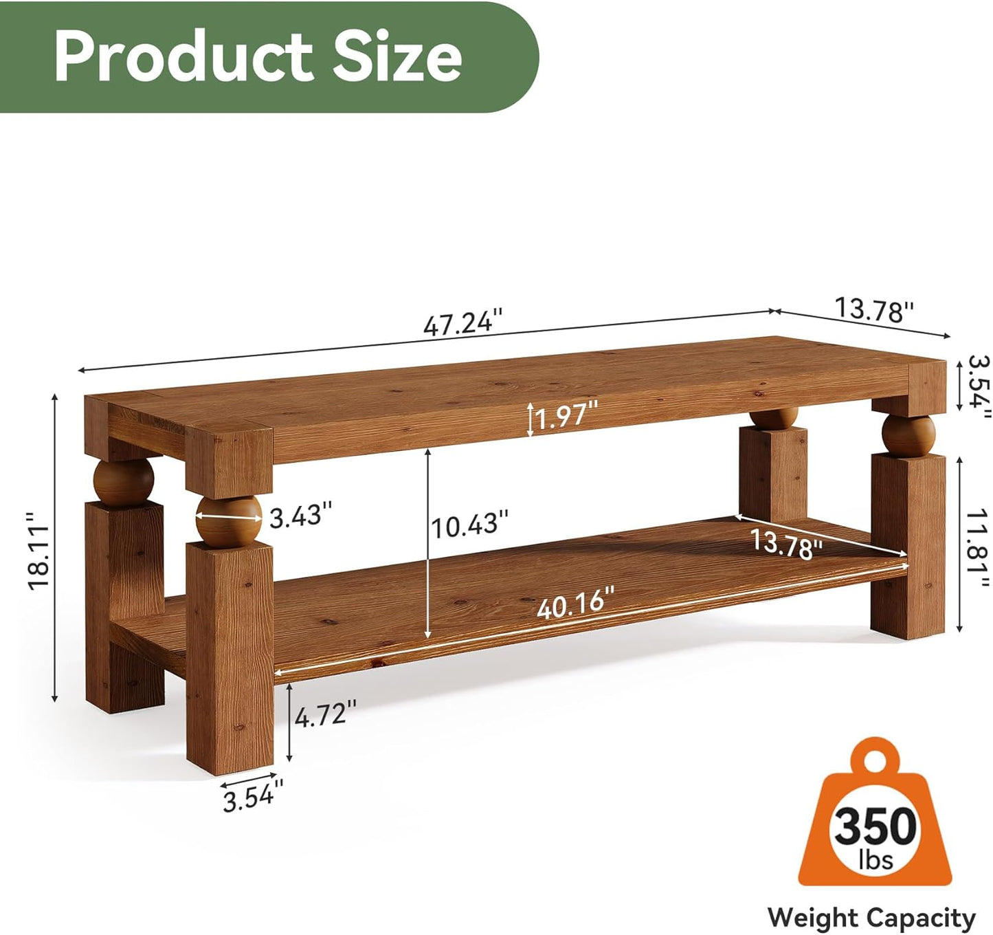 47-Inch Entryway Bench with Shoe Storage, Solid Wood Shoe Rack Bench, Narrow Storage Bench, Long Rustic Wood Bench for Indoor, Bedroom, Hallway, Living Room (Brown)