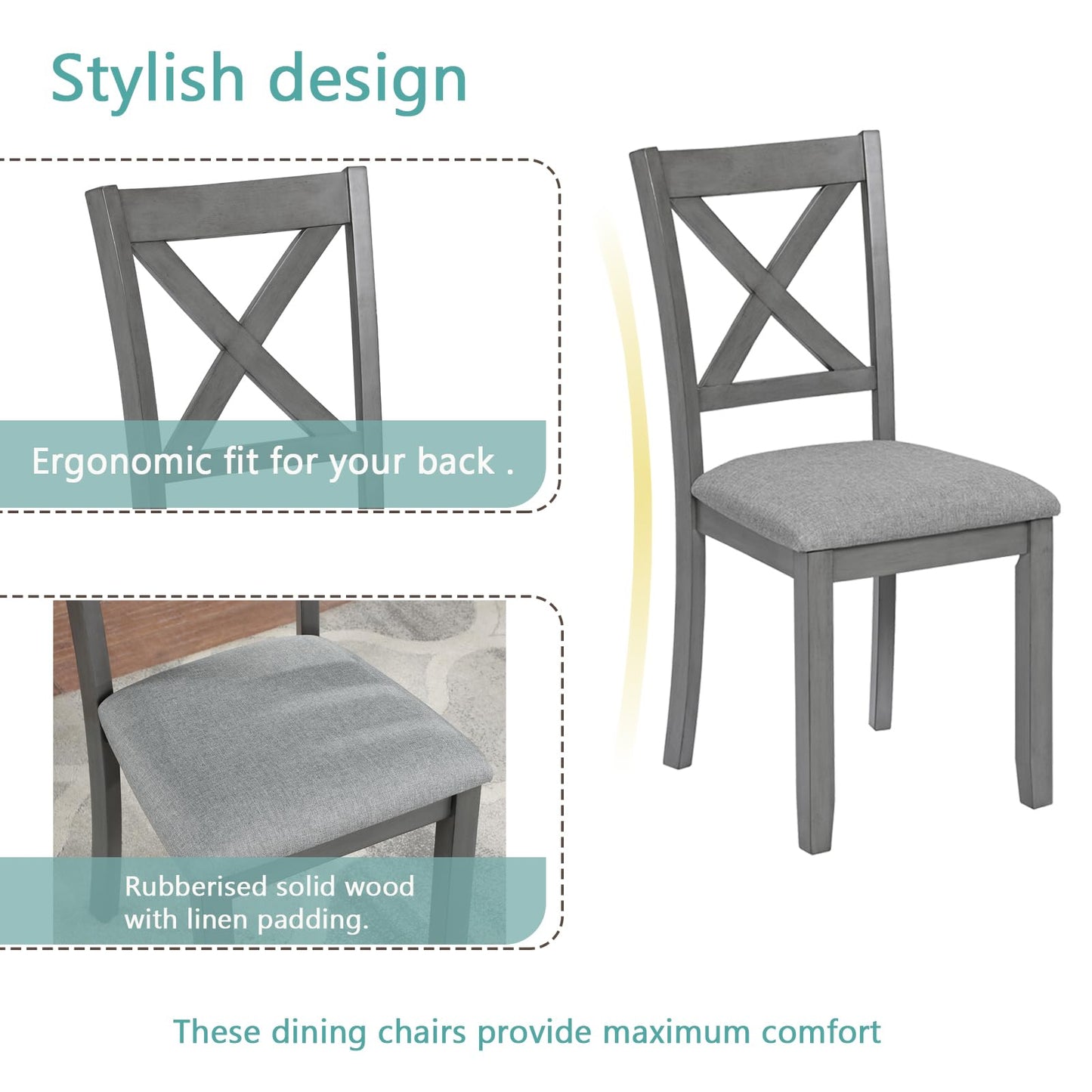 LKTART 5-Piece Kitchen & Dining Room Table and Chairs Sets,Small Square Kitchen Table with 4 Upholstered XX-Shaped Backrest Chairs,Walnut