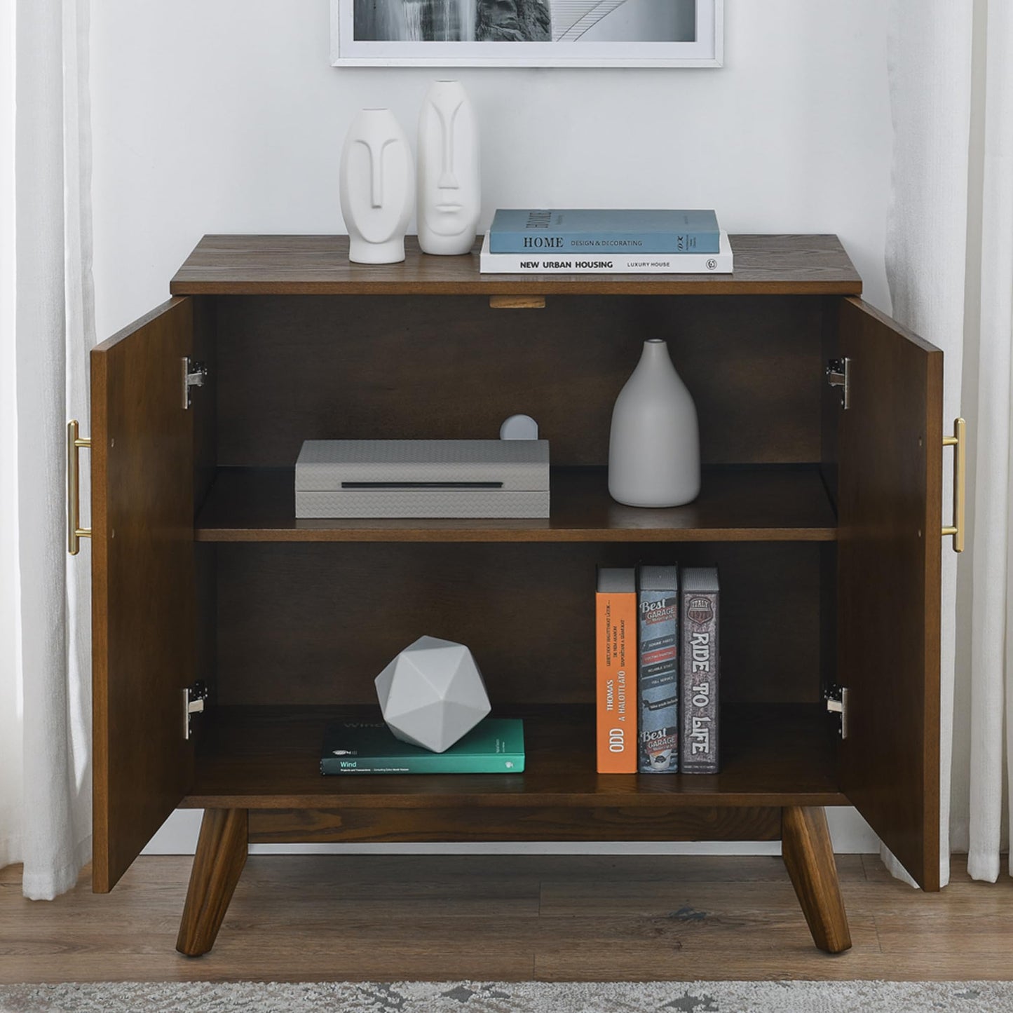 LKTART Mid Century Modern Storage Cabinet with Rattan Sliding Doors and Open Shelves, Boho Style Wooden Sideboard Buffet for Living Room,Dark Walnut