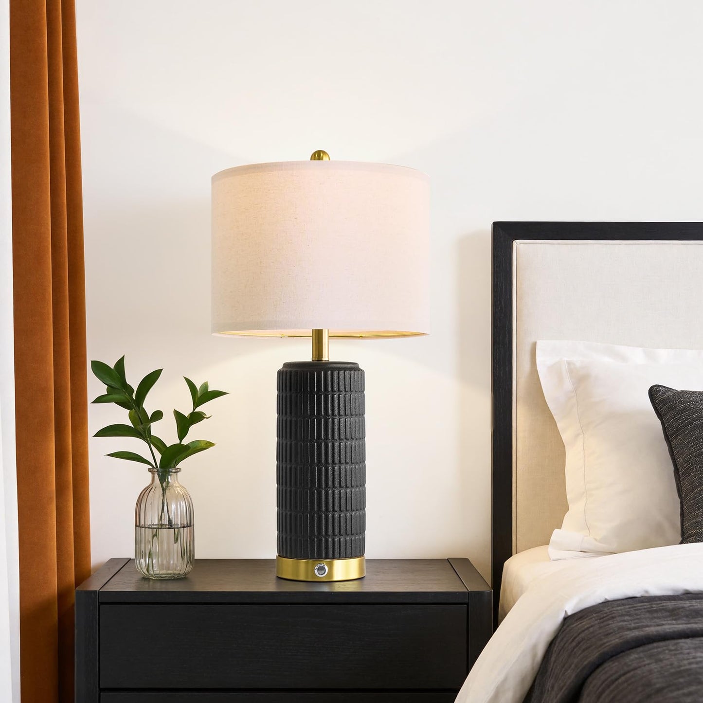 PoKat Touch Bedside Table Lamps with USB Ports for Bedroom Living Room, 25'' Dimmable Nightstand Touch Lamps for Living Room, Modern Ceramic Lamps for Night Stands Bedroom, Office, White and Beige