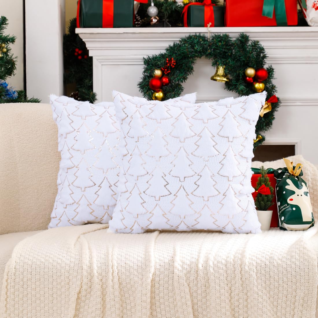 VAKADO Christmas Throw Pillow Covers 18x18 Set of 2 Embroidered Decorative Xmas Couch Cushion Cases Holiday Soft Home Decor for Bedroom Sofa Chair Porch Winter, Cream