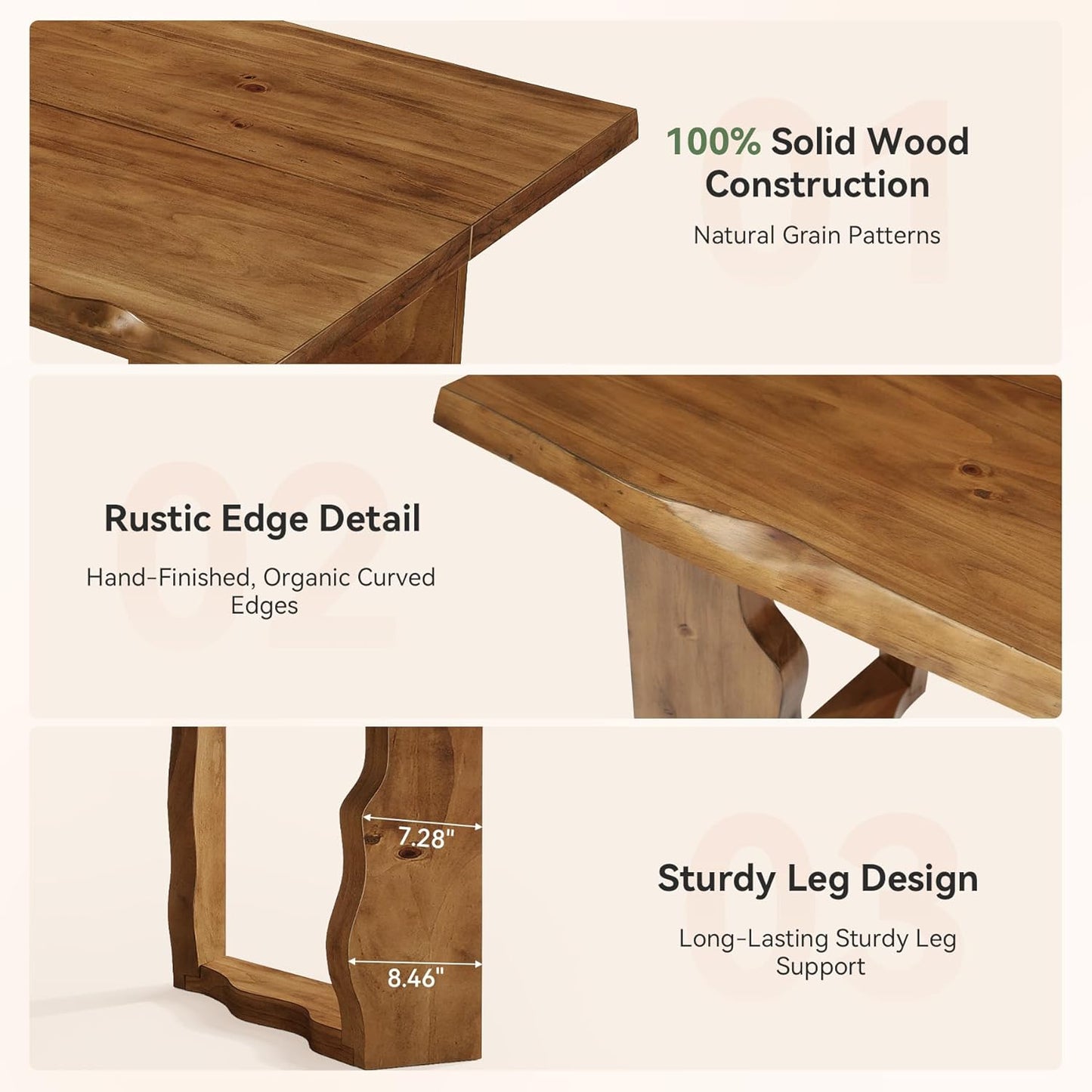 63" Live Edge Solid Wood Dining Table, Modern Rustic Kitchen Table with Sculptural Legs, 6-Person Rectangular Dinner Table for Dining Room, Kitchen,Natural Walnut Finish