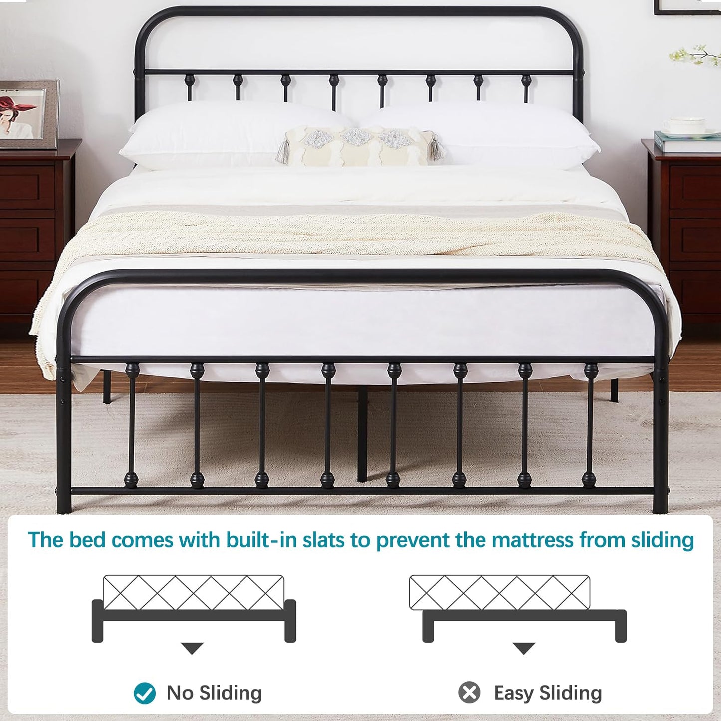 VECELO King Size Victorian Style Metal Bed Frame with Headboard/Mattress Foundation/No Box Spring Needed/Under Bed Storage and Strong Slat Support Purple Bronze