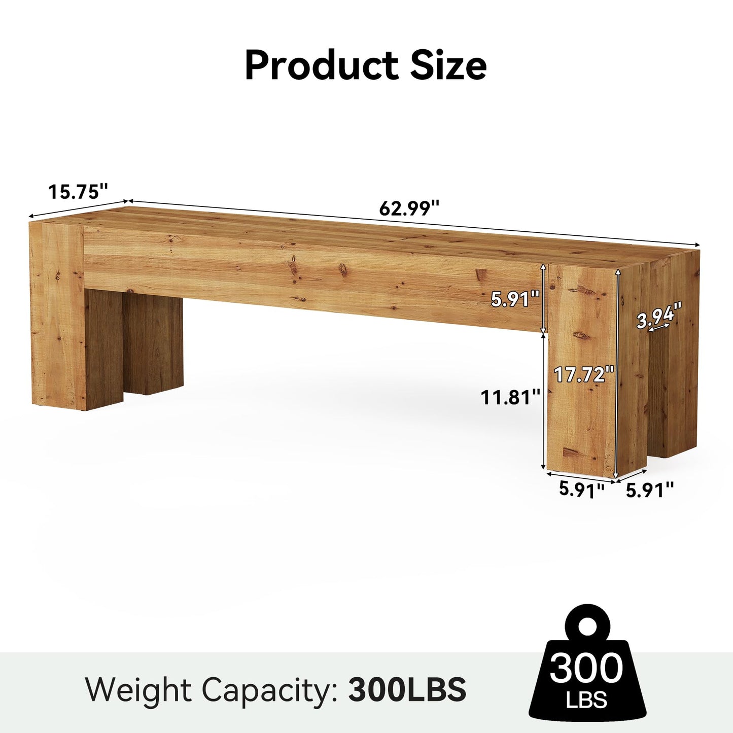 Solid Wood Dining Bench, Farmhouse Heavy Duty Kitchen Table Bench Seat with Sturdy Frame for Dining Room, Kitchen, Entryway (Rustic Brown)