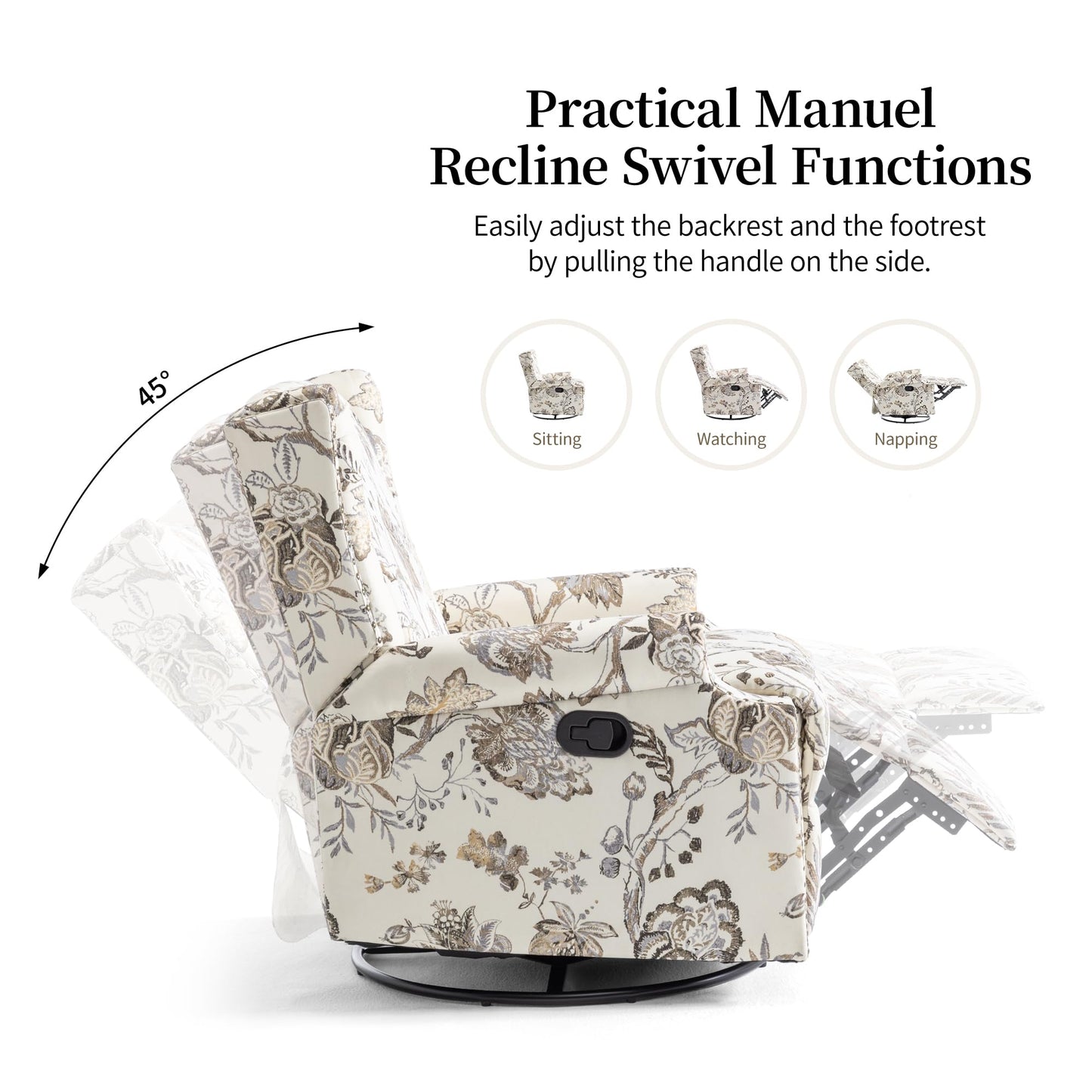 Swivel Rocker Recliner Chair, 360° Swivel Wingback Recliner Chairs for Adults, Upholstered Printed Fabric Glider Rocking Chair with High Back, Deep Seat for Living Romm Bedroom, Bird