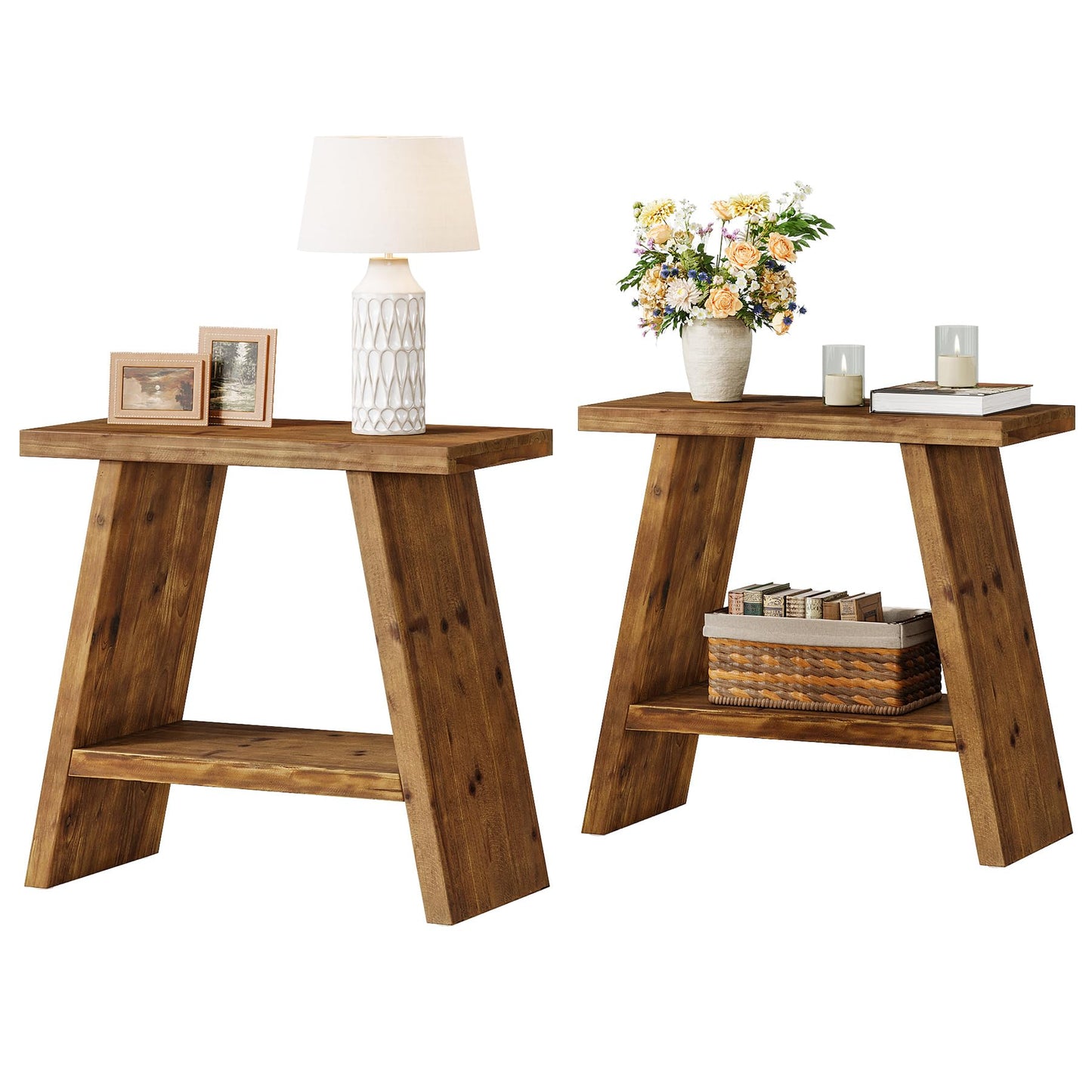 Solid Wood End Table for Living Room, Narrow Small Side Table with 2-Tier Storage, Farmhouse Bedside Nightstand for Bedroom, Small Places, Rustic Brown (1PCS)