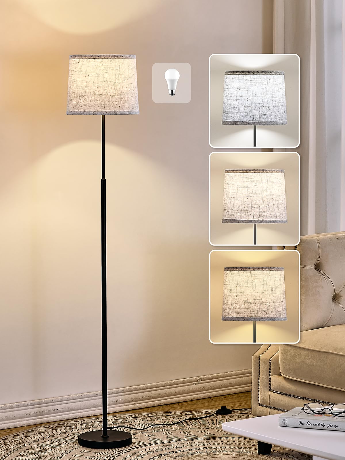 60" Modern Floor Lamp for Living Room Bedroom, Standing Lamp with Oatmeal Linen Lampshade, Tall Lamp with A19 9W 3 Color Temperature Bulb, Foot Switch Control, Black