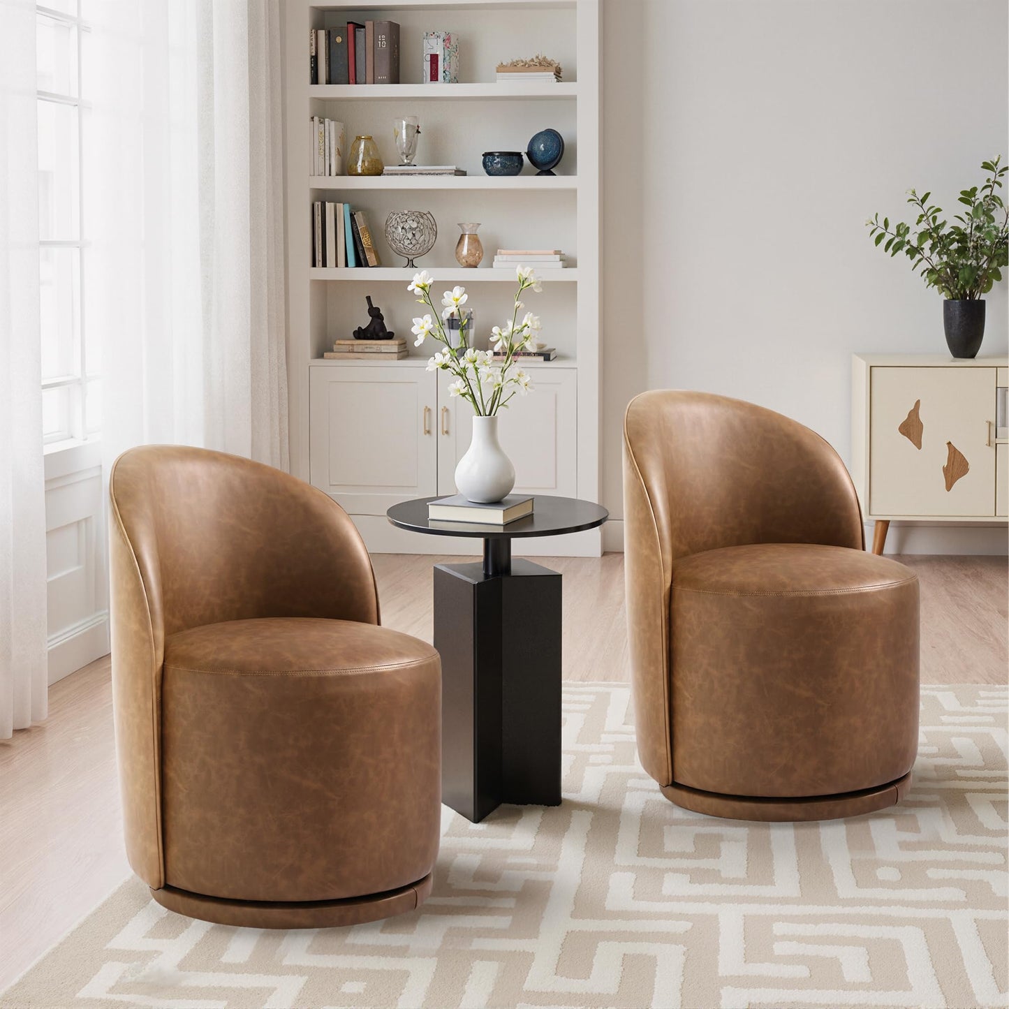 Swivel Barrel Dining Chairs Set of 2, Faux Leather Upholstered Round Dining Chairs, 360° Swivel Vanity Chair Comfy Armless Accent Makeup Chair for Dining/Living Room Makeup Room, Brown