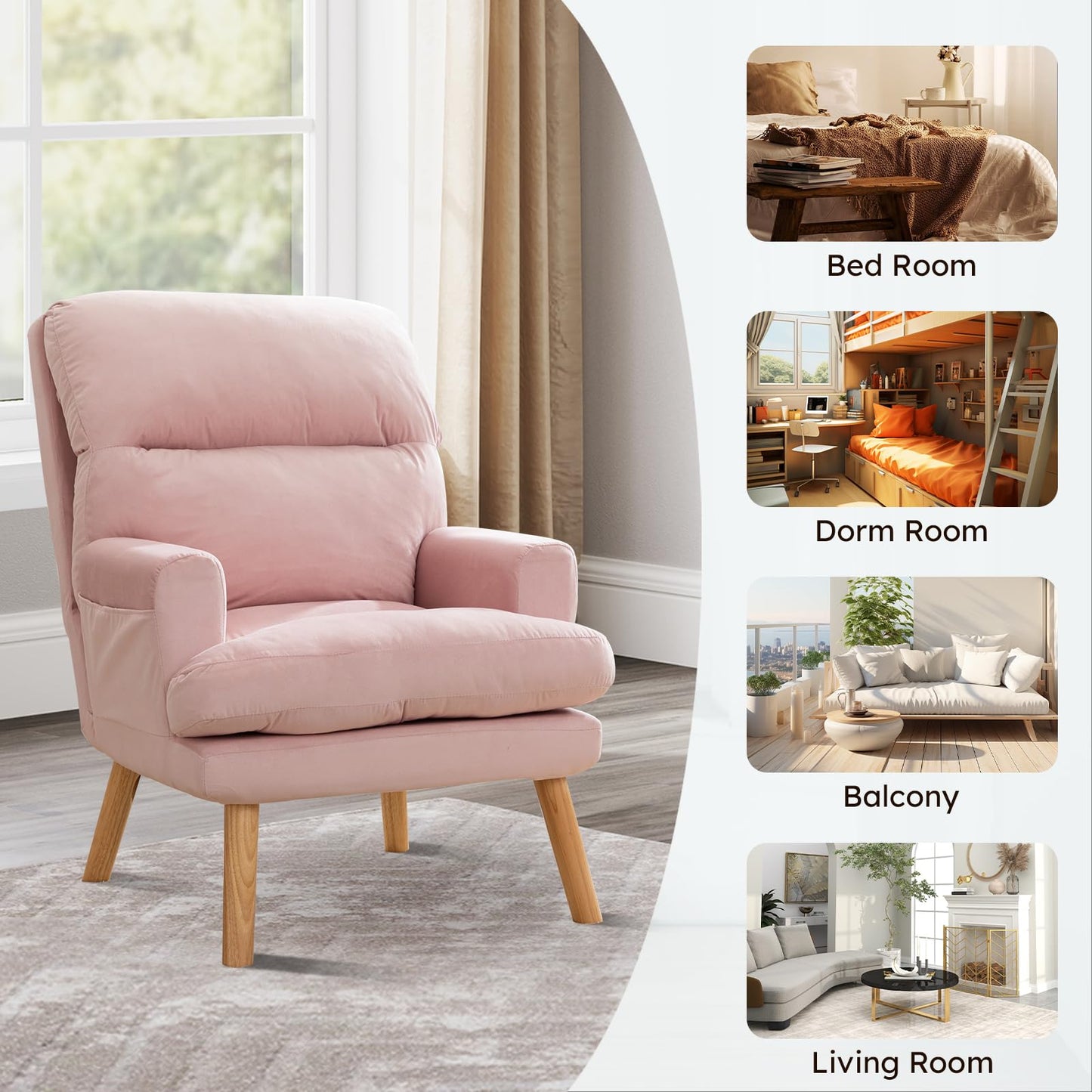 IOMOR Accent Chair with Ottoman Comfy Reading Chair Armchair with Adjustable Backrest and Side Pockets Soft Fabric Leisure Sofa for Bedroom, Living Room, Dorm Rooms, Garden, Beige