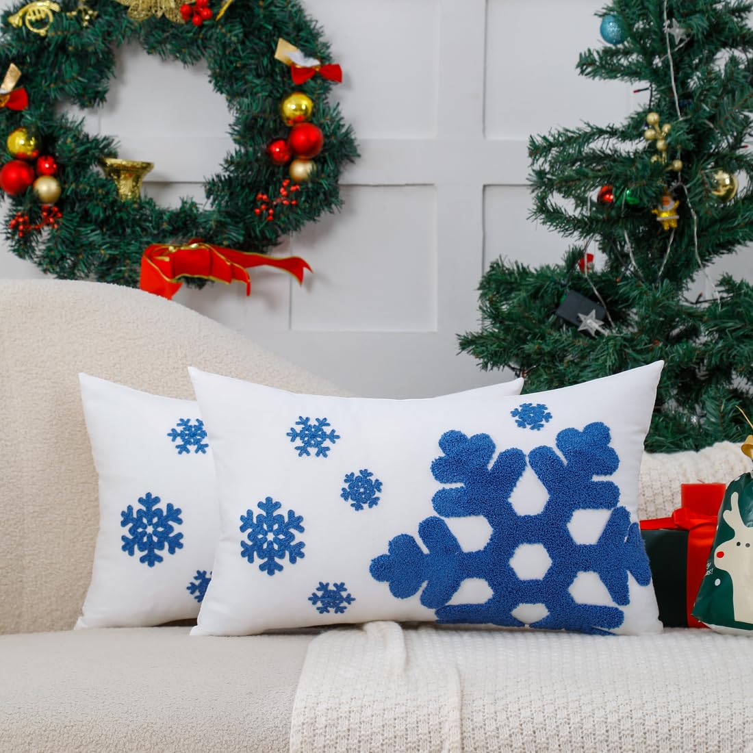 VAKADO Christmas Throw Pillow Covers 18x18 Set of 2 Embroidered Snowflake Decorative Xmas Cushion Cases Holiday Soft Home Decor for Bedroom Sofa Chair Porch Winter, Blue