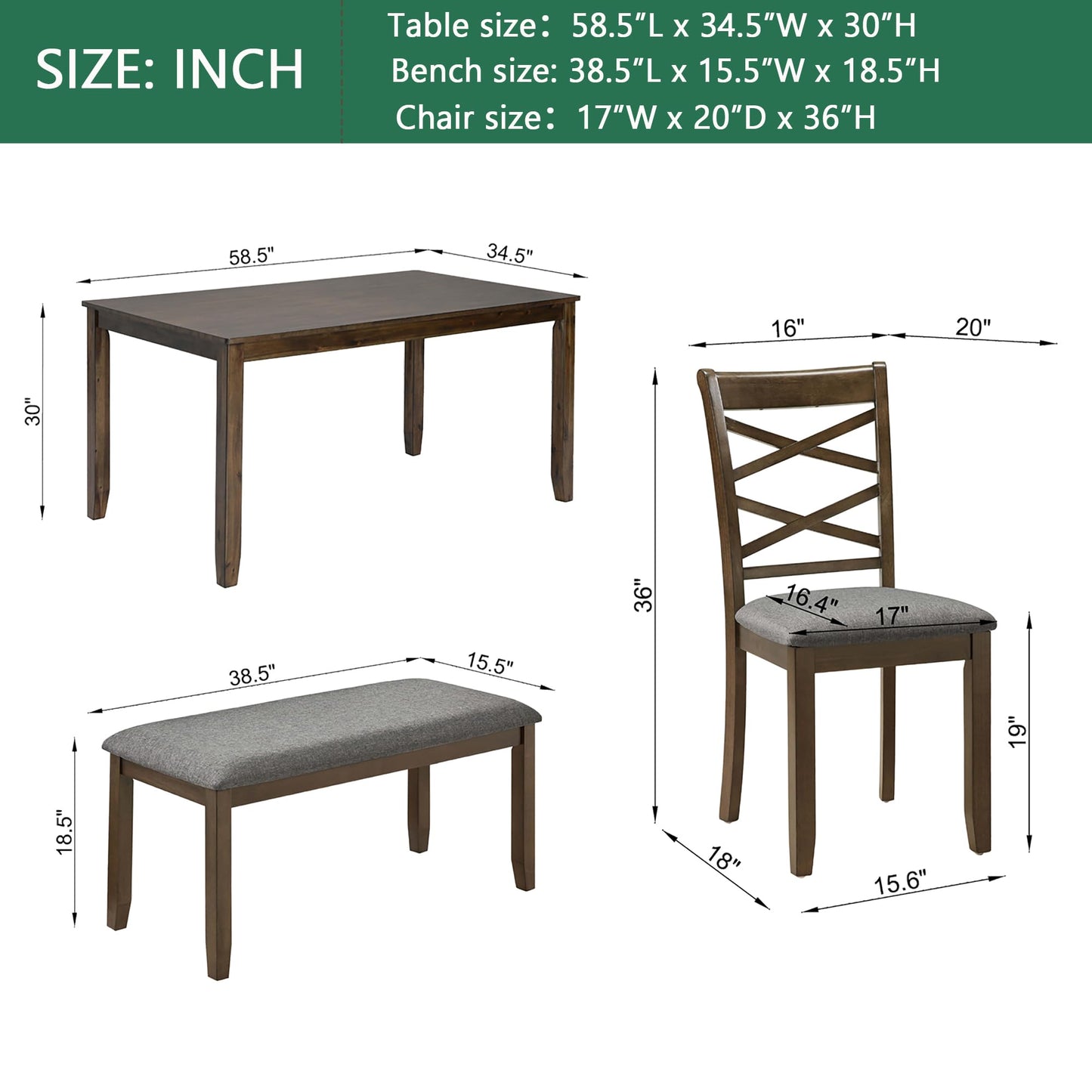 LKTART 6 Piece Kitchen Dining Set, 58.5" Rectangular Wooden Dinner Table with 4 Upholstered Chairs and a Bench for Living Room, Home Bar and Kitchen, Walnut