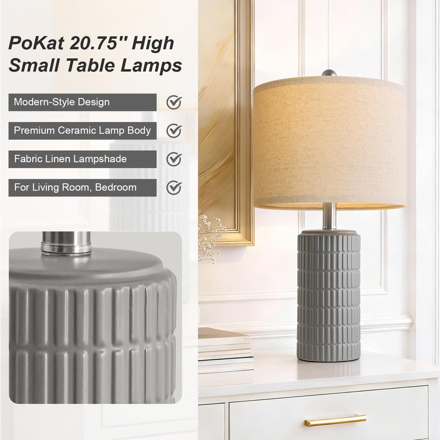 PoKat 20.75" Small Modern Ceramic Table Lamps Set of 2 for Bedroom, White Bedside Lamps for Night Stands, Farmhouse Desk Decor Gift Nightstand Table Lamps for Living Room End Table Beige