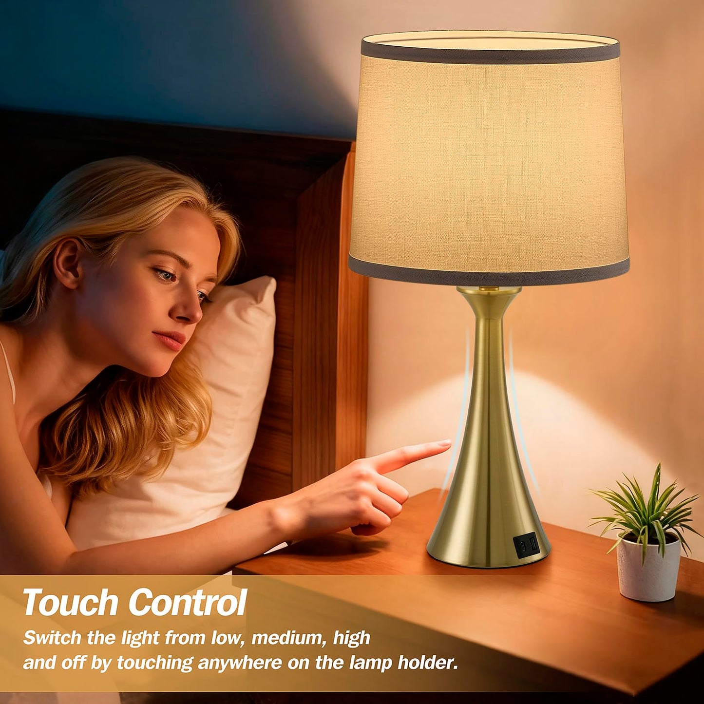 Touch Lamp for Living Room Bedroom, 21" Table Lamps Set of 2 with USB C+A Ports, Touch Bedside Lamps for Nightstand with 3 Way Dimmable, 2 LED Bulbs Included, Black