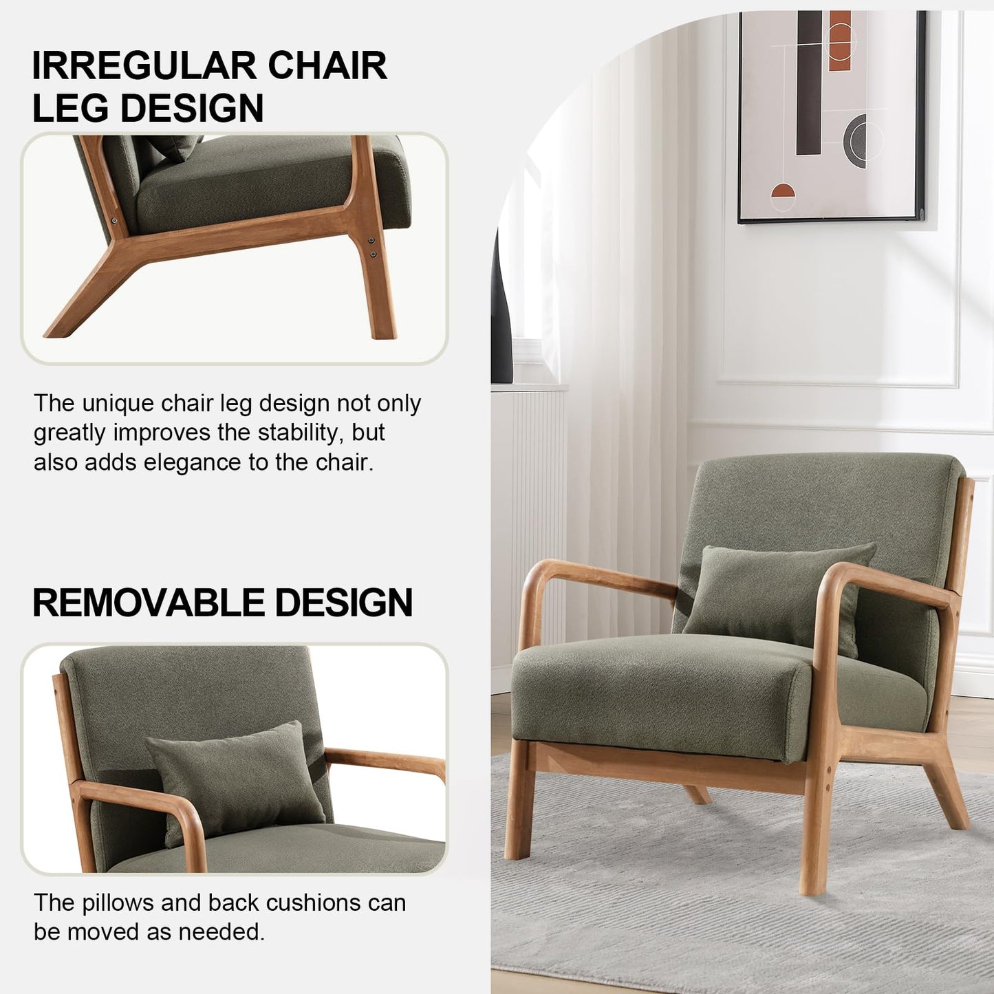 IOMOR Accent Chair Mid Century Modern Chair Linen Fabric Living Room Chairs with Solid Wood Frame Comfy Upholstered and Lumbar Pillow Reading Side Chair Easy Assembly for Bedroom Room (1, Linen Green)