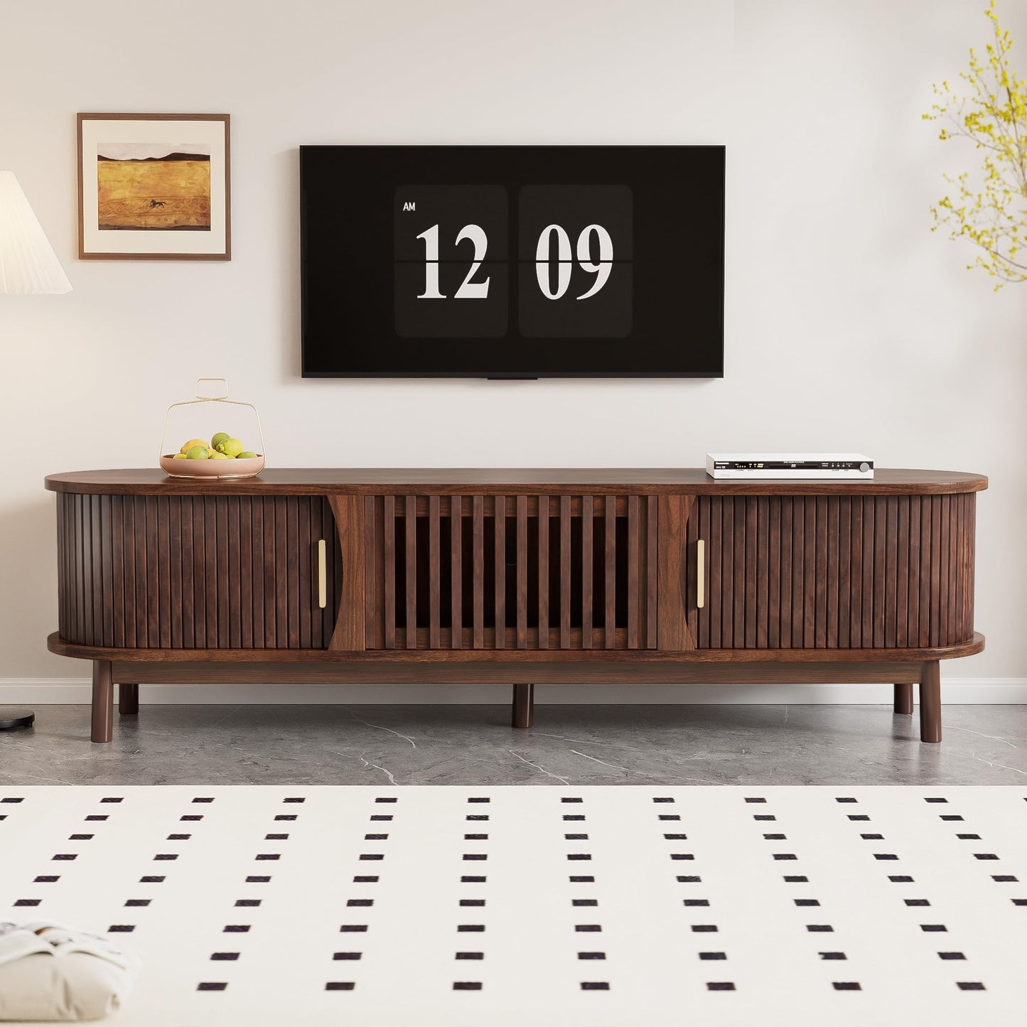 LKTART 67" Mid Century Modern TV Stand for 65/70/75/80" TVs,Entertainment Center with Sliding Doors and Drawers,Media Console for Living Room