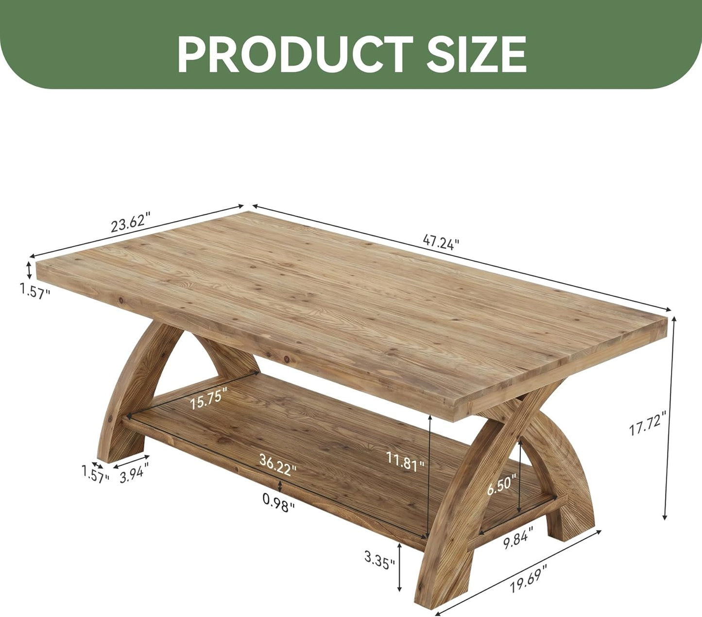 Solid Wood Coffee Table with Storage Shelf, Farmhouse Rectangular Center Table with X-Shaped Legs, Industrial Accent Cocktail Tables for Living Room