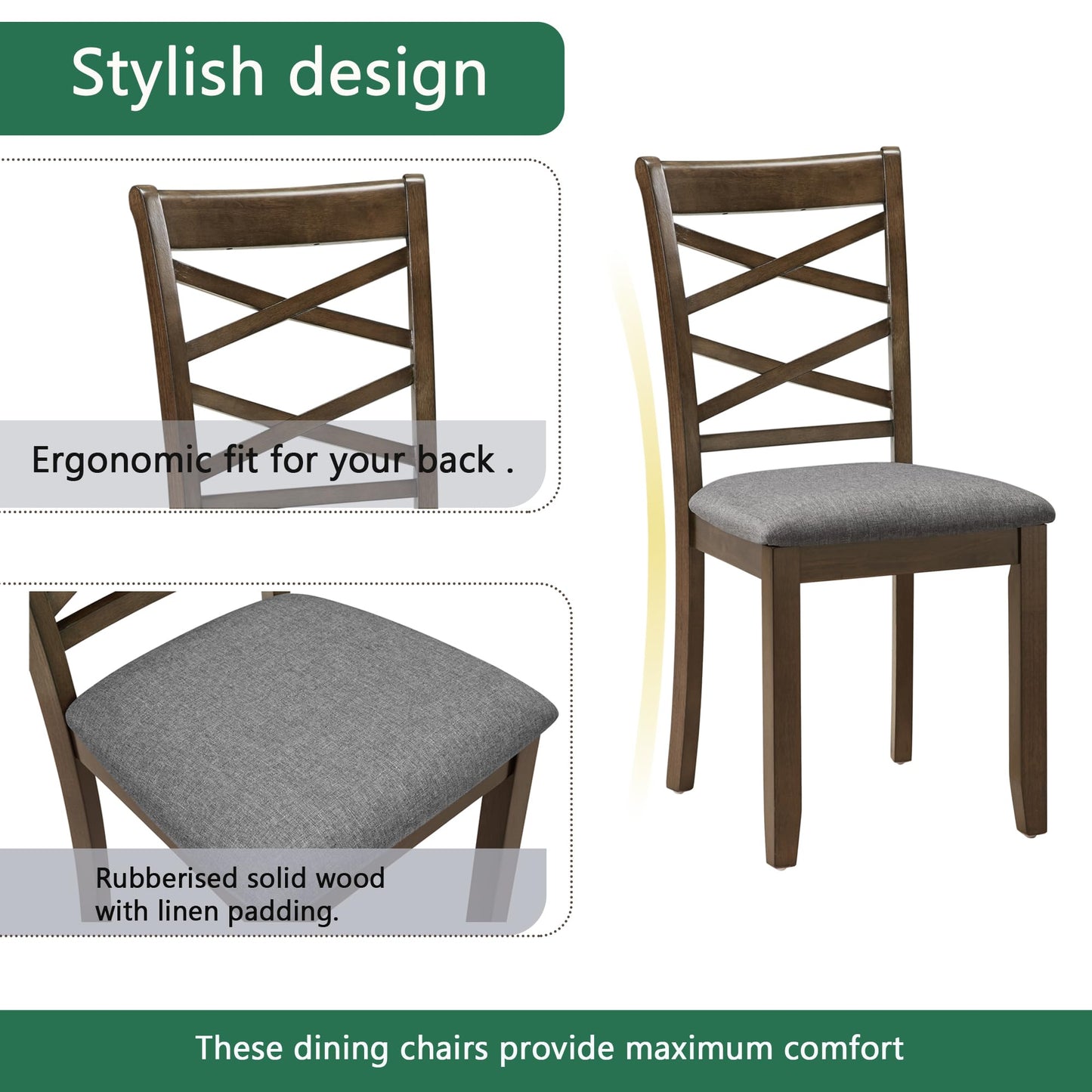LKTART 5-Piece Kitchen & Dining Room Table and Chairs Sets,Small Square Kitchen Table with 4 Upholstered XX-Shaped Backrest Chairs,Walnut
