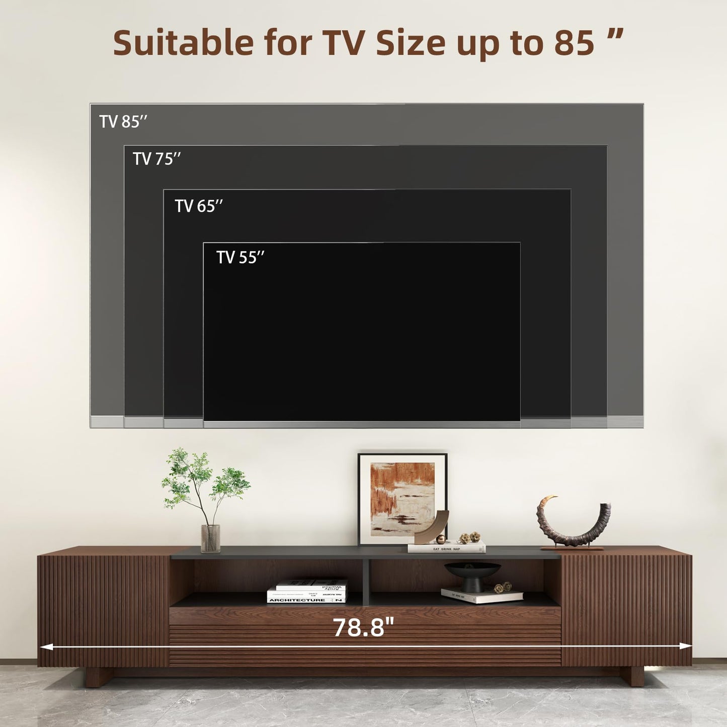 Epecoya 78.8 Inch TV Stand with Storage Cabinets for Living Room, TVs Media Console Entertainment Center with Drawers, Wood Fluted Television Stands with Open Shelves for Bedroom, Dark Brown Walnut