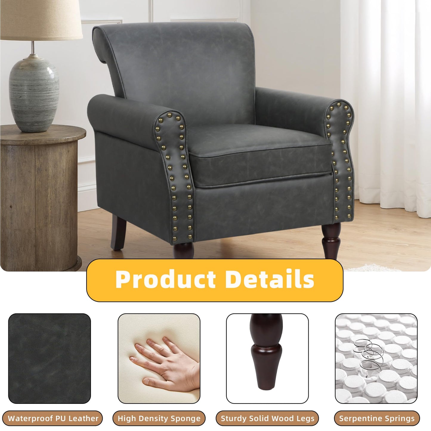 Wingback Accent Chairs Set of 2, Mid-Century Modern Upholstered Armchair Living Room Chair with Nailhead Trim & Rolled Armrest, Comfy Lounge Chair Single Sofa Chair for Bedroom, Light Blue