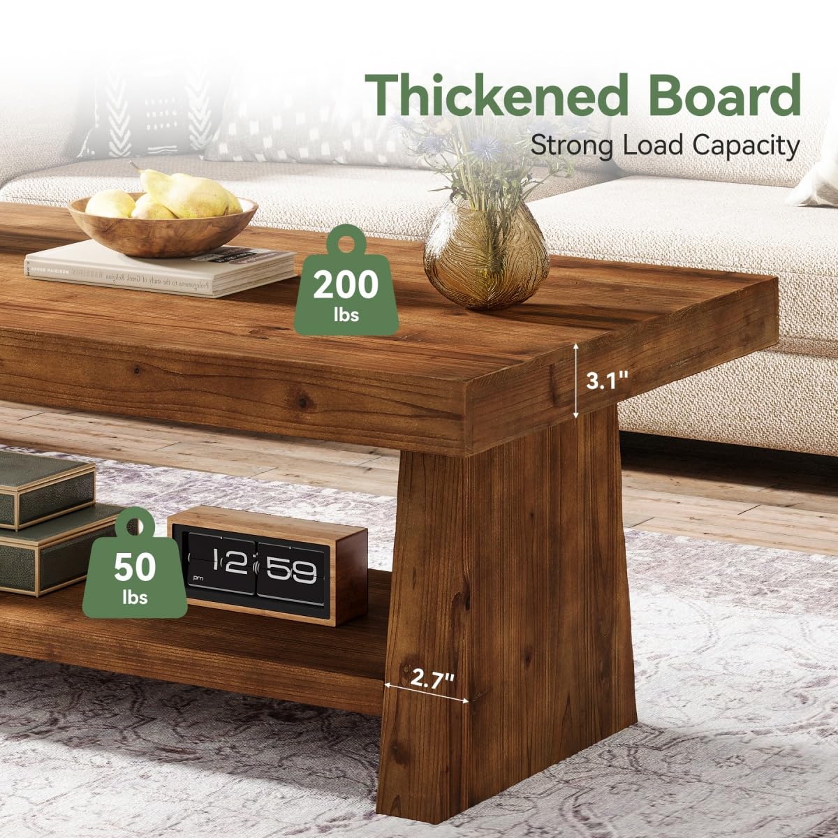 Solid Wood Coffee Table, 47-Inch Farmhouse Wooden Coffee Table for Living Room, 2-Tier Rectangular Center Table with Storage for Apartment, Home Office, Dark Brown