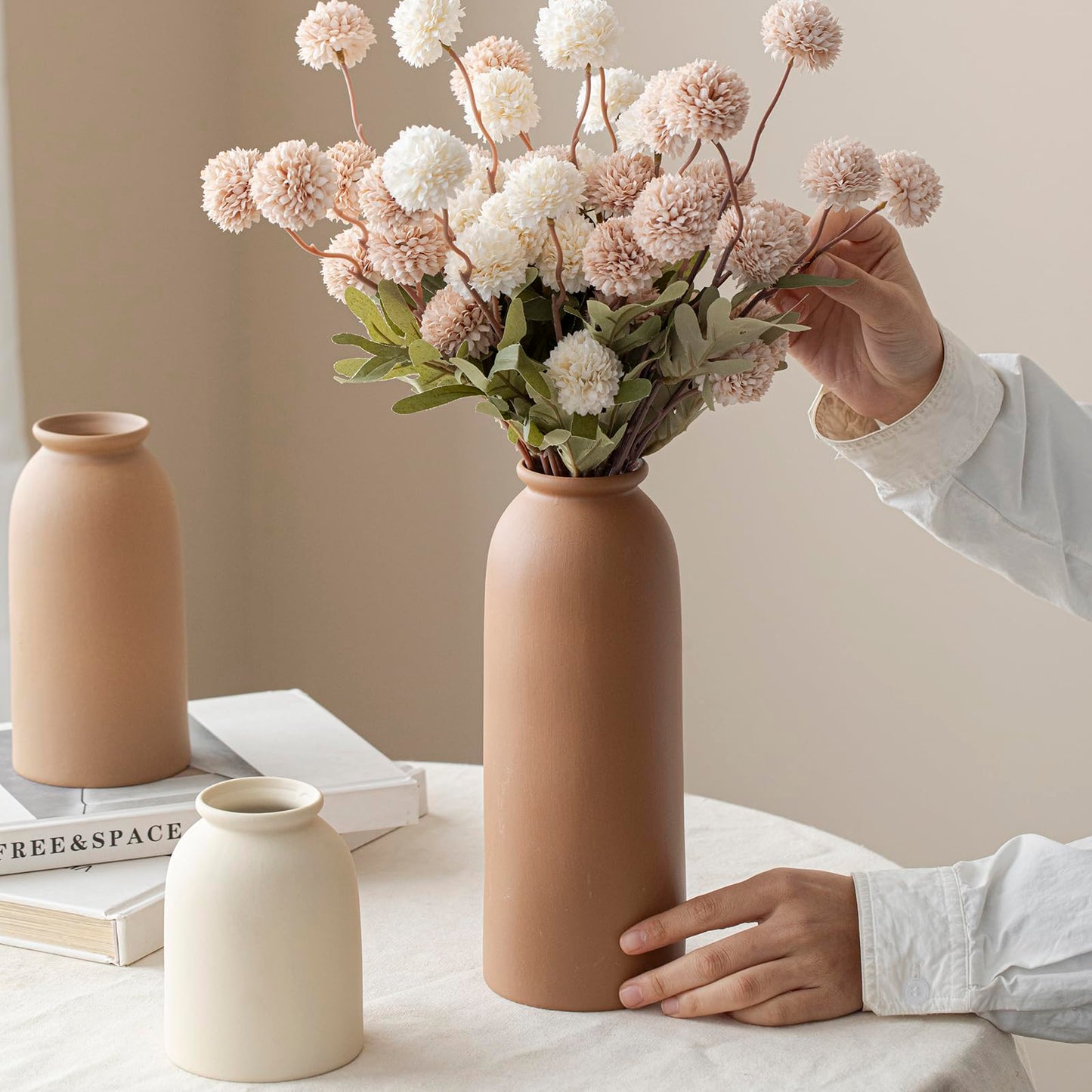 10.4 inches Tall Decorative Ceramic Vase Set, 3 Pieces, Nordic Modern Boho Style, White, Modern Farmhouse for Home Decor (Coffee Mix)