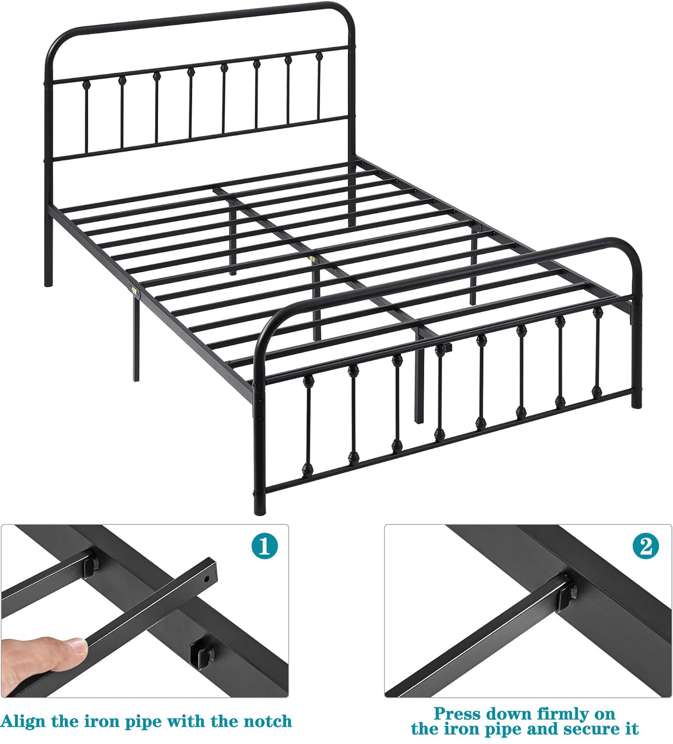 VECELO King Size Victorian Style Metal Bed Frame with Headboard/Mattress Foundation/No Box Spring Needed/Under Bed Storage and Strong Slat Support Purple Bronze