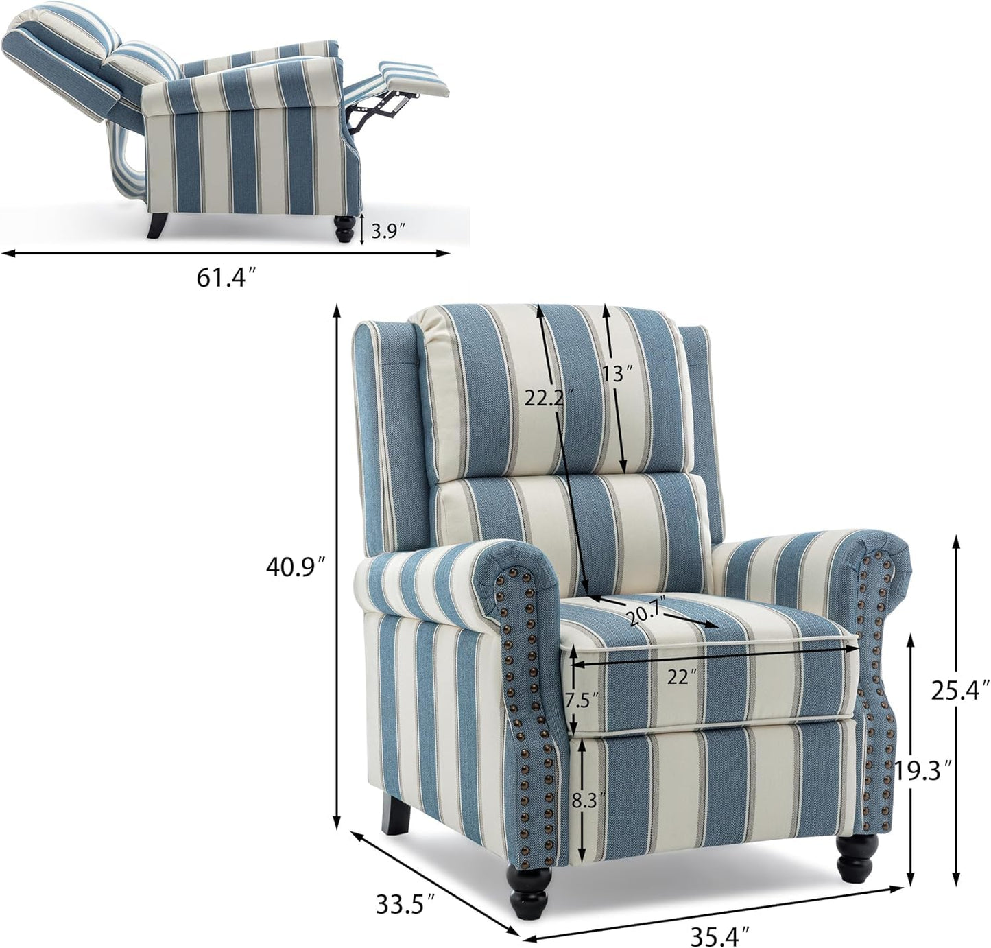 Pushback Recliner Chairs Set of 2, Comfy Fabric Wingback Recliner Chair, Upholstered Armchair Push Back Recliner with Wood Legs, Rivet Trim Accent Chair for Living Room, Bedroom, Blue Stripe