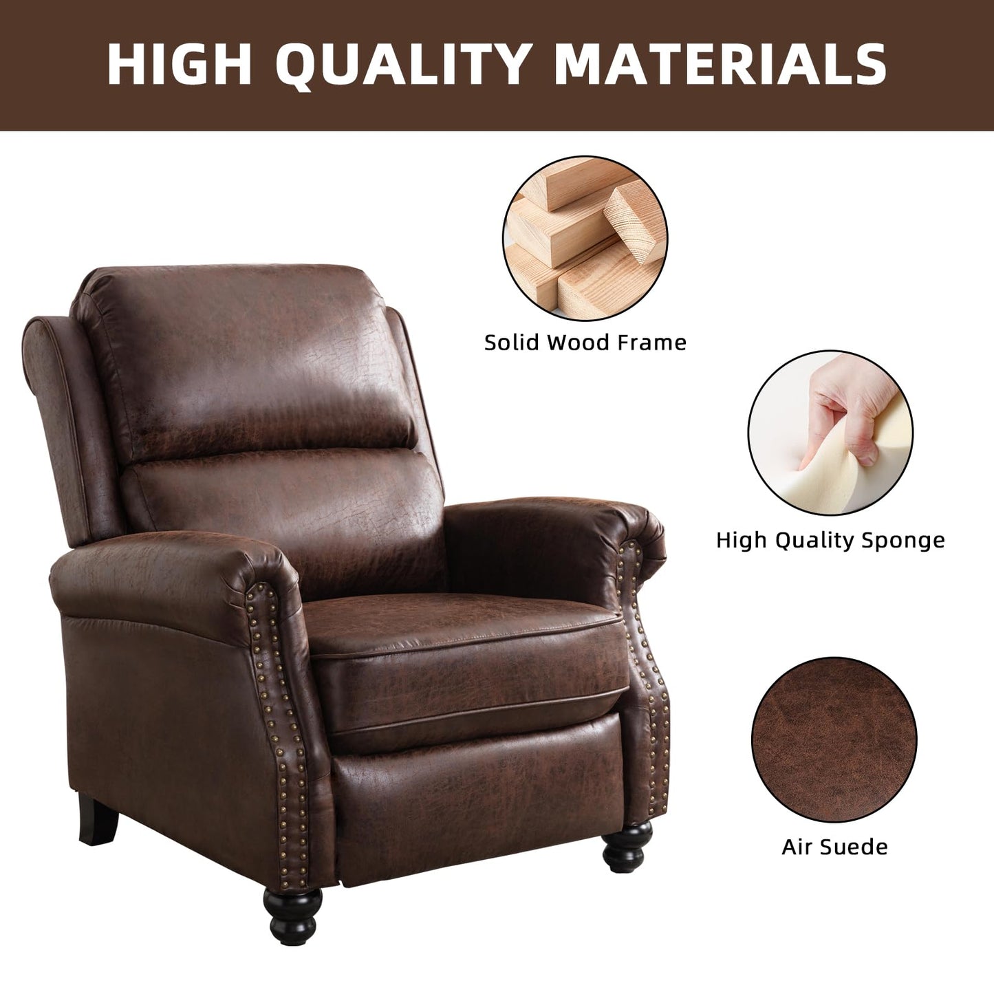 IOMOR Push Back Recliner Chair Faux Leather Lounge Armchair with Rivet Decoration Wingback Single Sofa Chair with Padded Seat Solid Wood Legs for Living Room, Comfy Upholstered, Red Brown