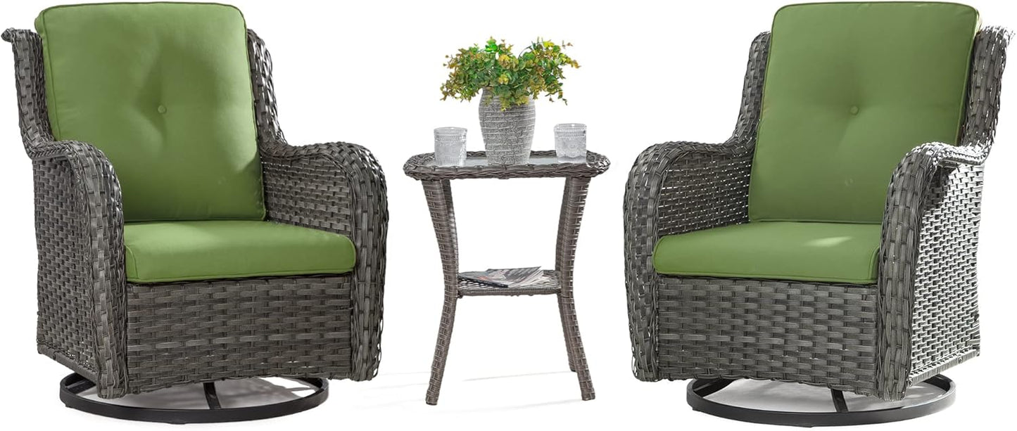Joyside Outdoor 360 Degree Swivel Rocker Patio Chairs Sets of 2 and Matching Side Table - 3 Piece Wicker Patio Bistro Set Patio Swivel Rocker Chairs with Olefin Fabric Cushion(Brown/Green)