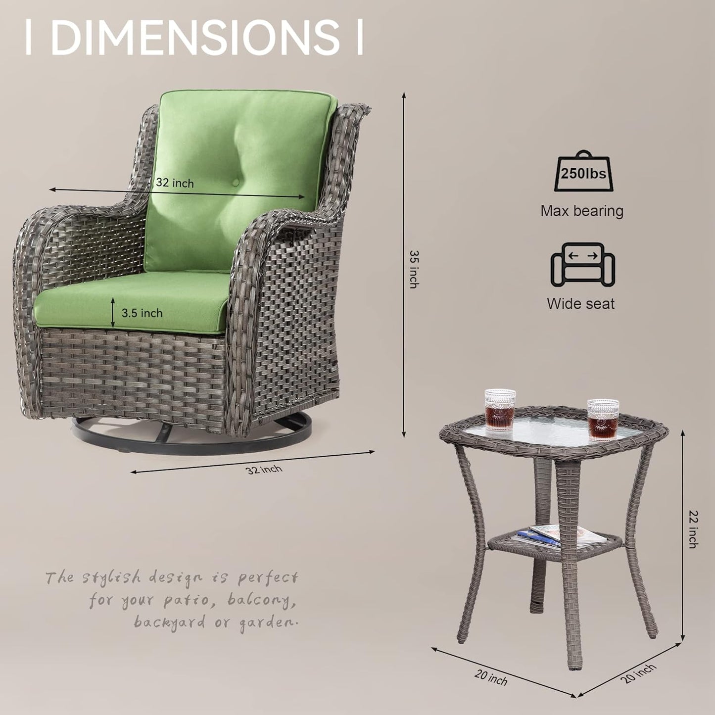 Joyside Outdoor 360 Degree Swivel Rocker Patio Chairs Sets of 2 and Matching Side Table - 3 Piece Wicker Patio Bistro Set Patio Swivel Rocker Chairs with Olefin Fabric Cushion(Brown/Green)