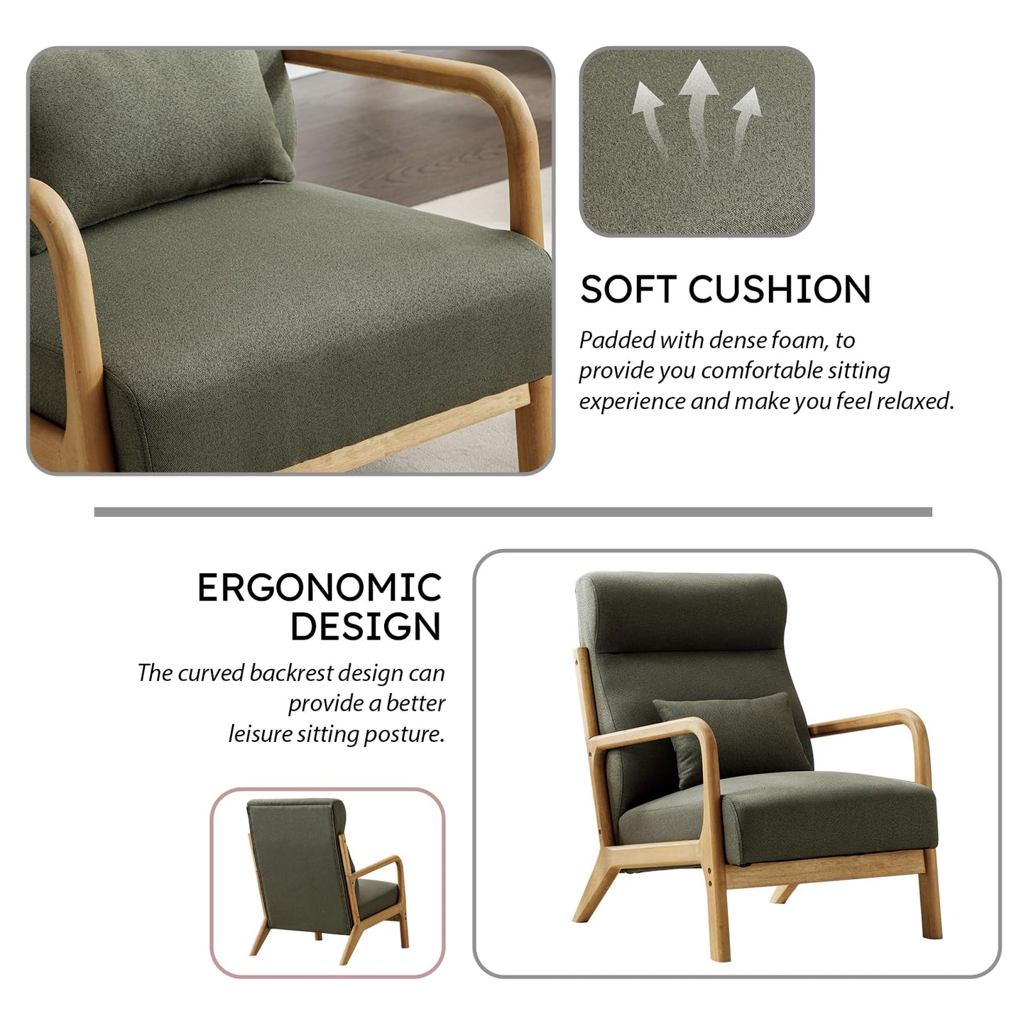 IOMOR Accent Chair Mid Century Modern Chair Linen Fabric Living Room Chairs with Solid Wood Frame Comfy Upholstered and Lumbar Pillow Reading Side Chair Easy Assembly for Bedroom Room (1, Linen Green)